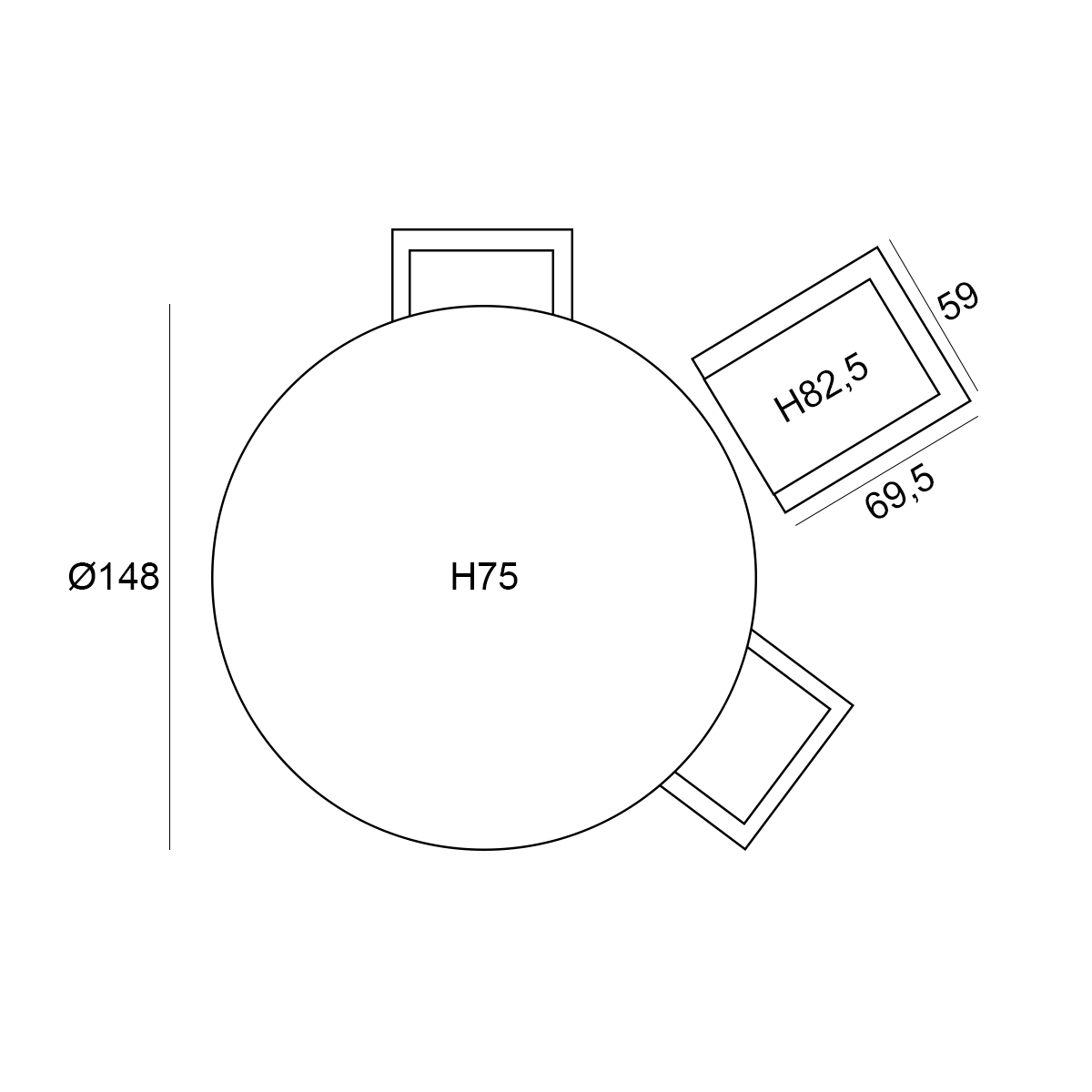 Overhead view of a round table with three chairs, showing dimensions in centimeters.