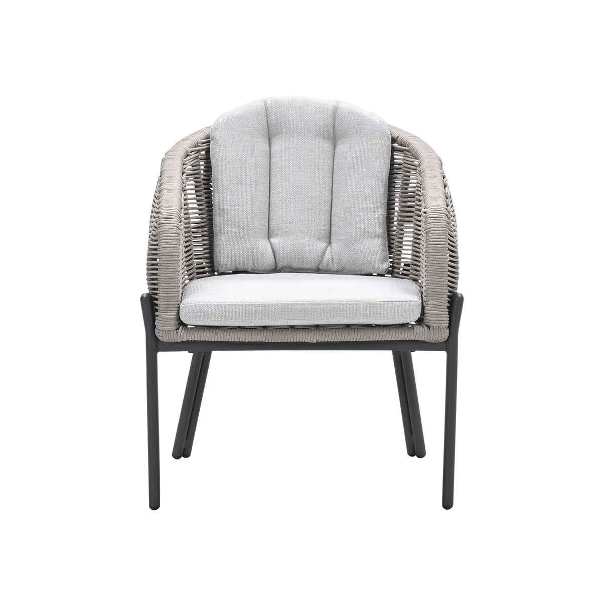 A gray woven chair with a gray cushion, front view on a white background.