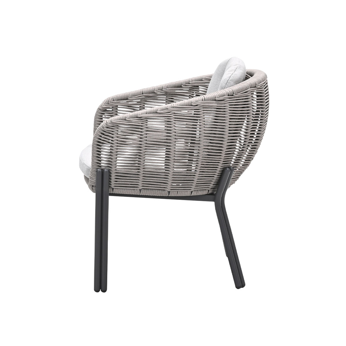 Side view of a gray woven chair with a gray cushion on a white background.