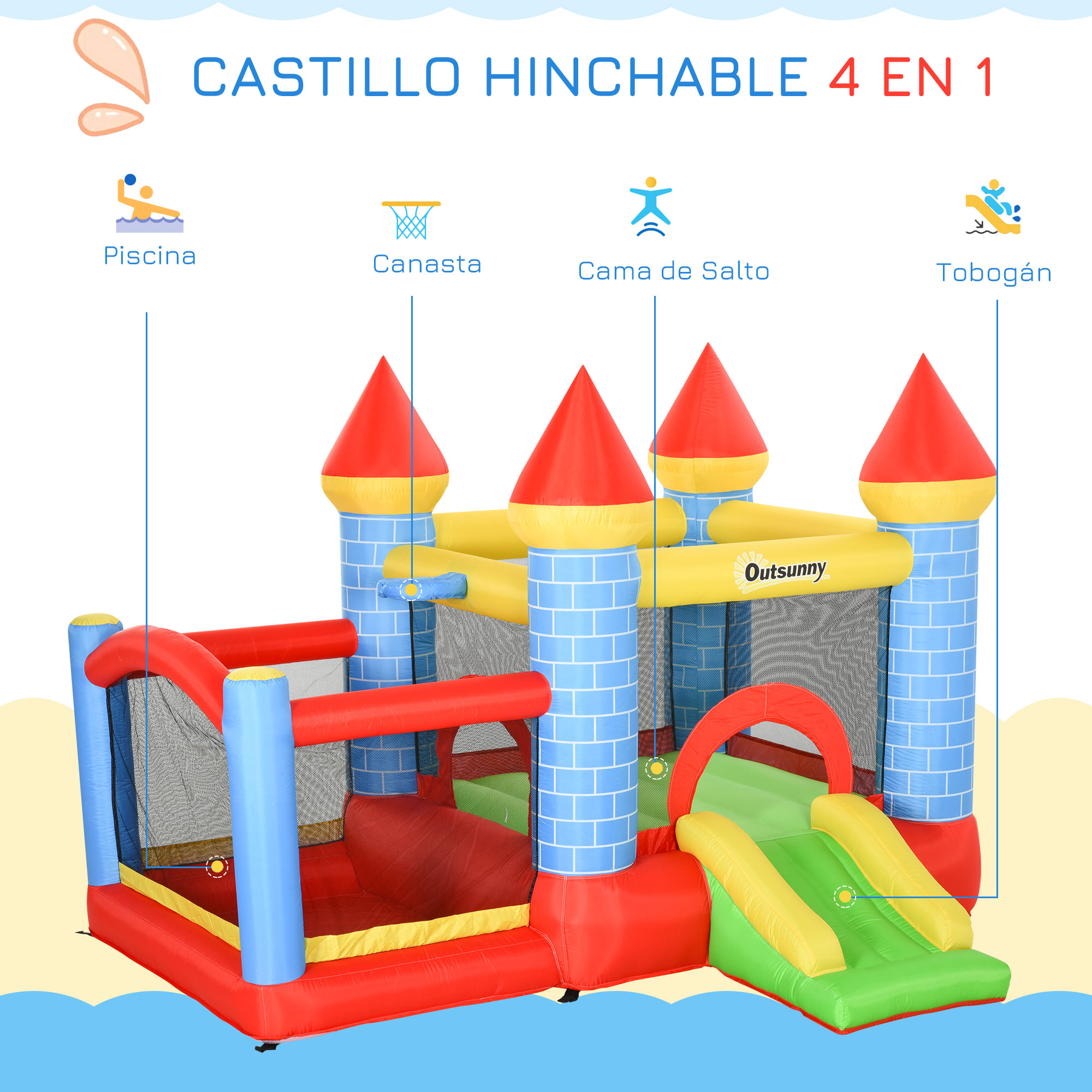 Una colorida casa inflable con tobogán, piscina y aro de baloncesto, diseñada para el juego activo de los niños.