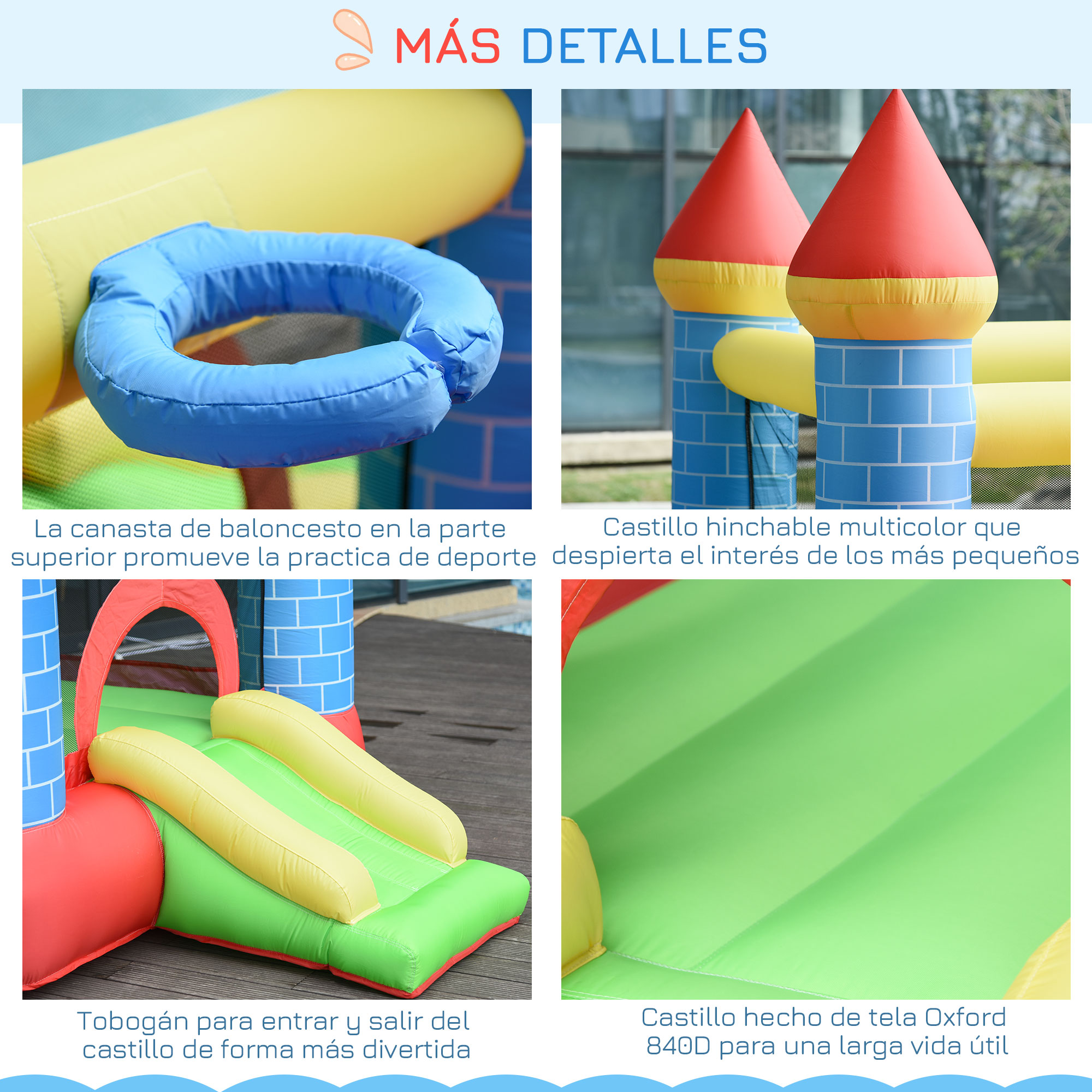 Collage que muestra detalles de una casa inflable, incluyendo un aro de baloncesto, tobogán y tela Oxford duradera.