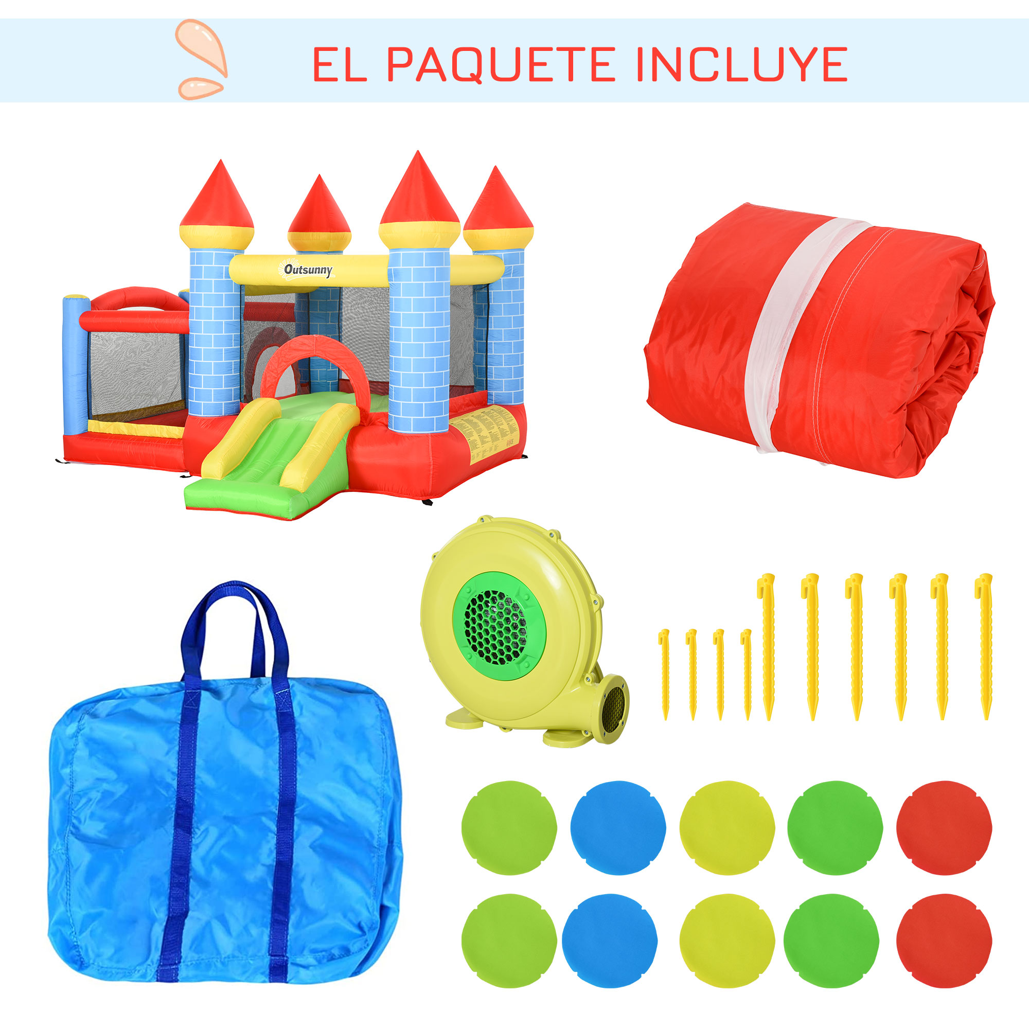 La imagen muestra una casa inflable empaquetada con accesorios, incluyendo un soplador, estacas y bolsa de transporte.