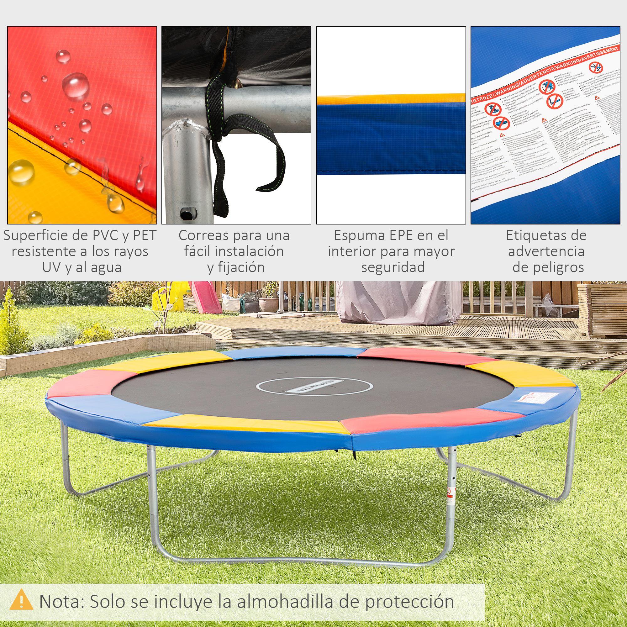 Un trampolín colorido con acolchado azul, amarillo y rojo se encuentra sobre césped verde en un patio trasero.