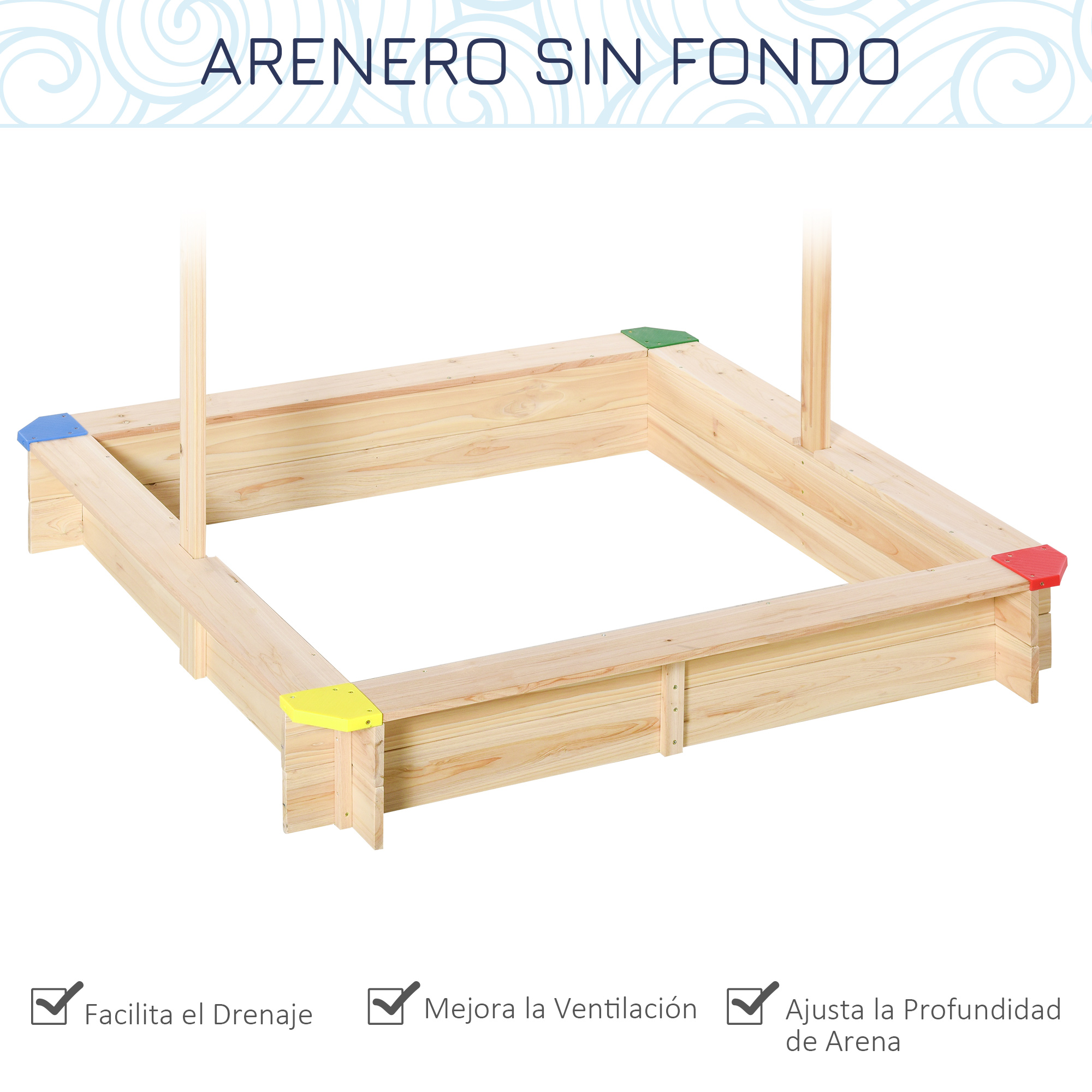 Un arenero de madera sin base permite el drenaje, mejora la ventilación y ajusta la profundidad de la arena.