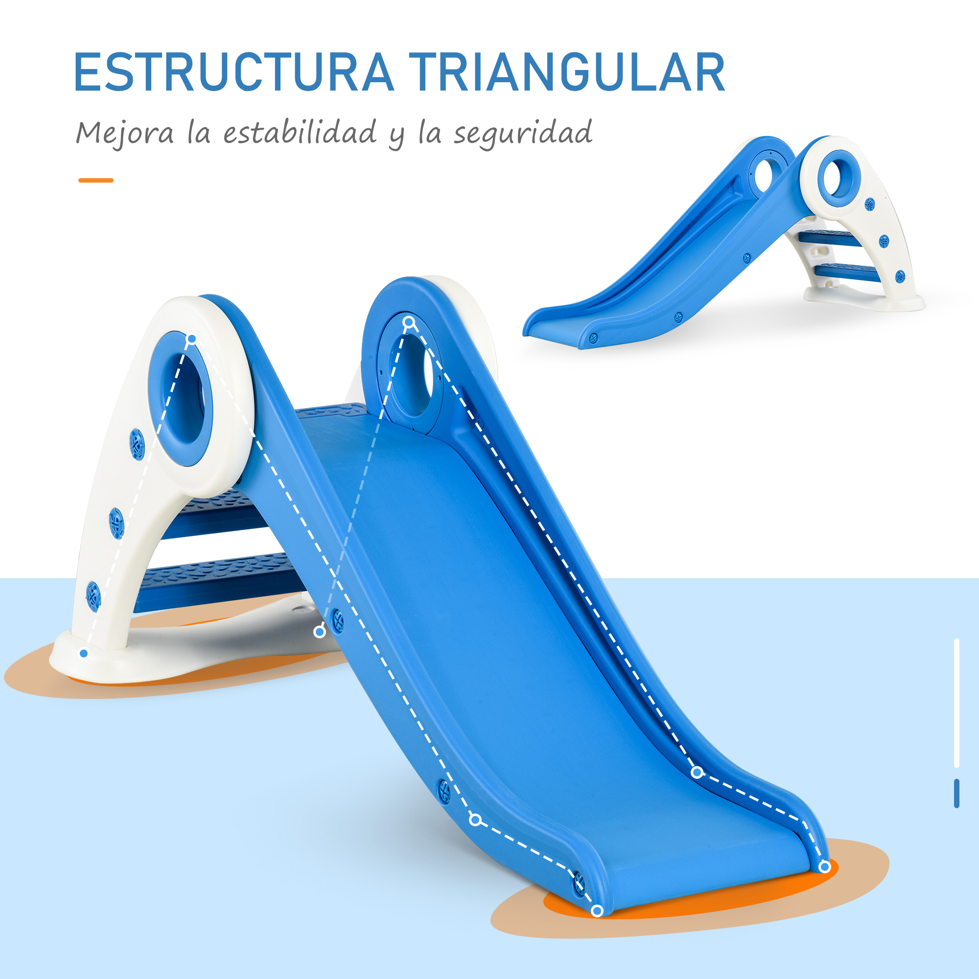 Se muestra un tobogán azul y blanco con un diseño de estructura triangular.
