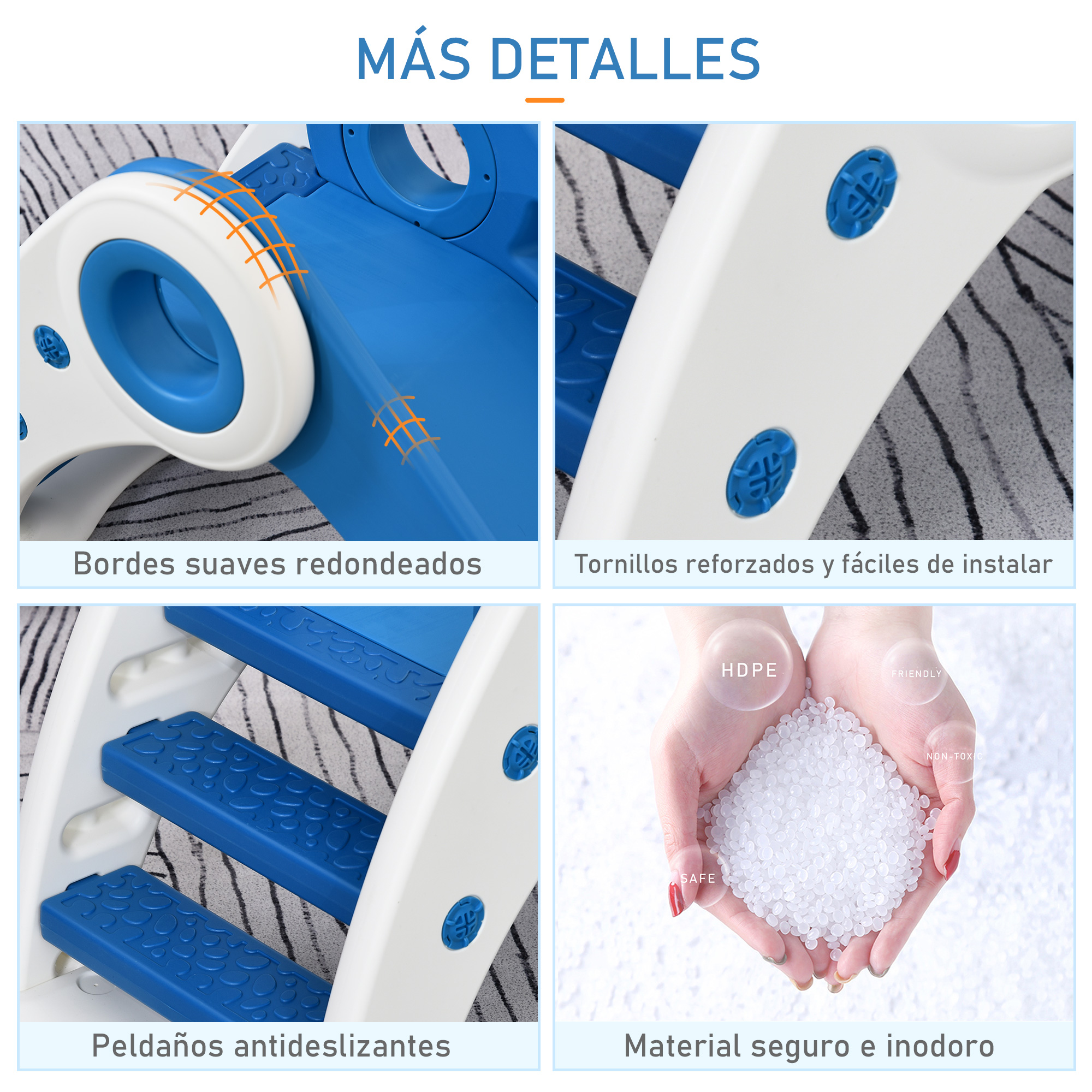 Collage que muestra detalles de un tobogán azul y blanco, incluyendo materiales y construcción.