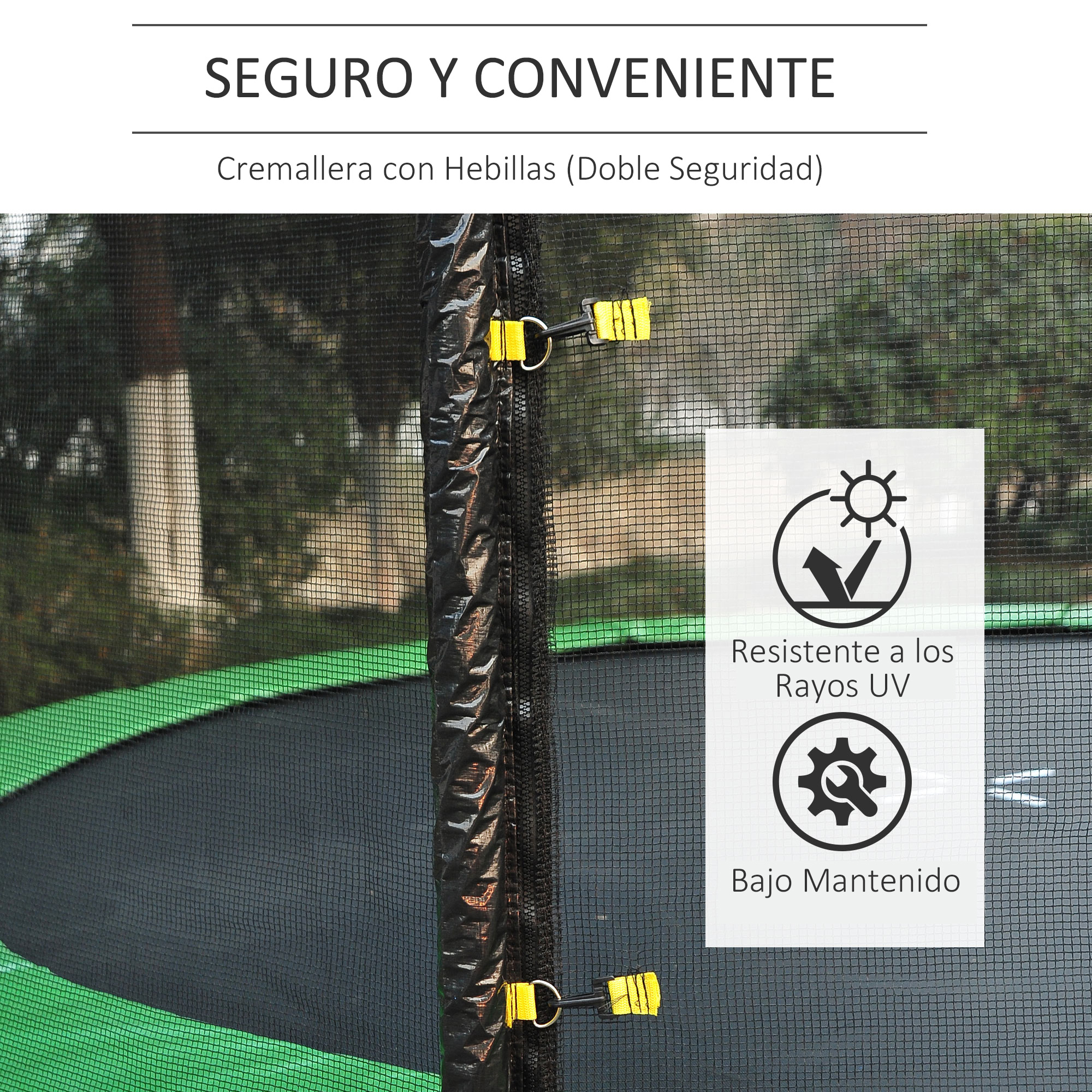 Una red de trampolín está asegurada con una cremallera y hebillas, lo que enfatiza la seguridad y la conveniencia.