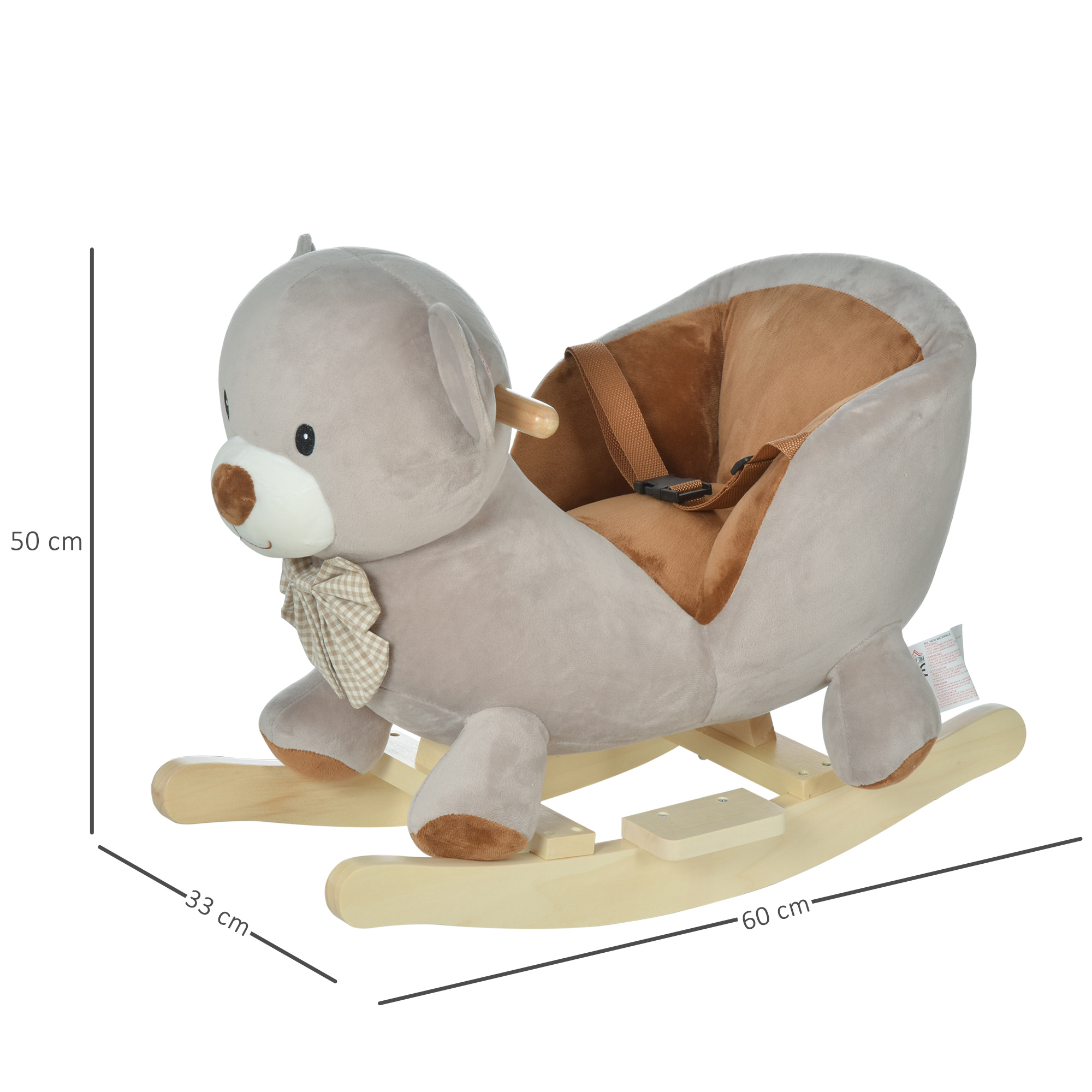 Un balancín de oso de peluche gris con las dimensiones mostradas, con un asiento y una pajarita a cuadros.
