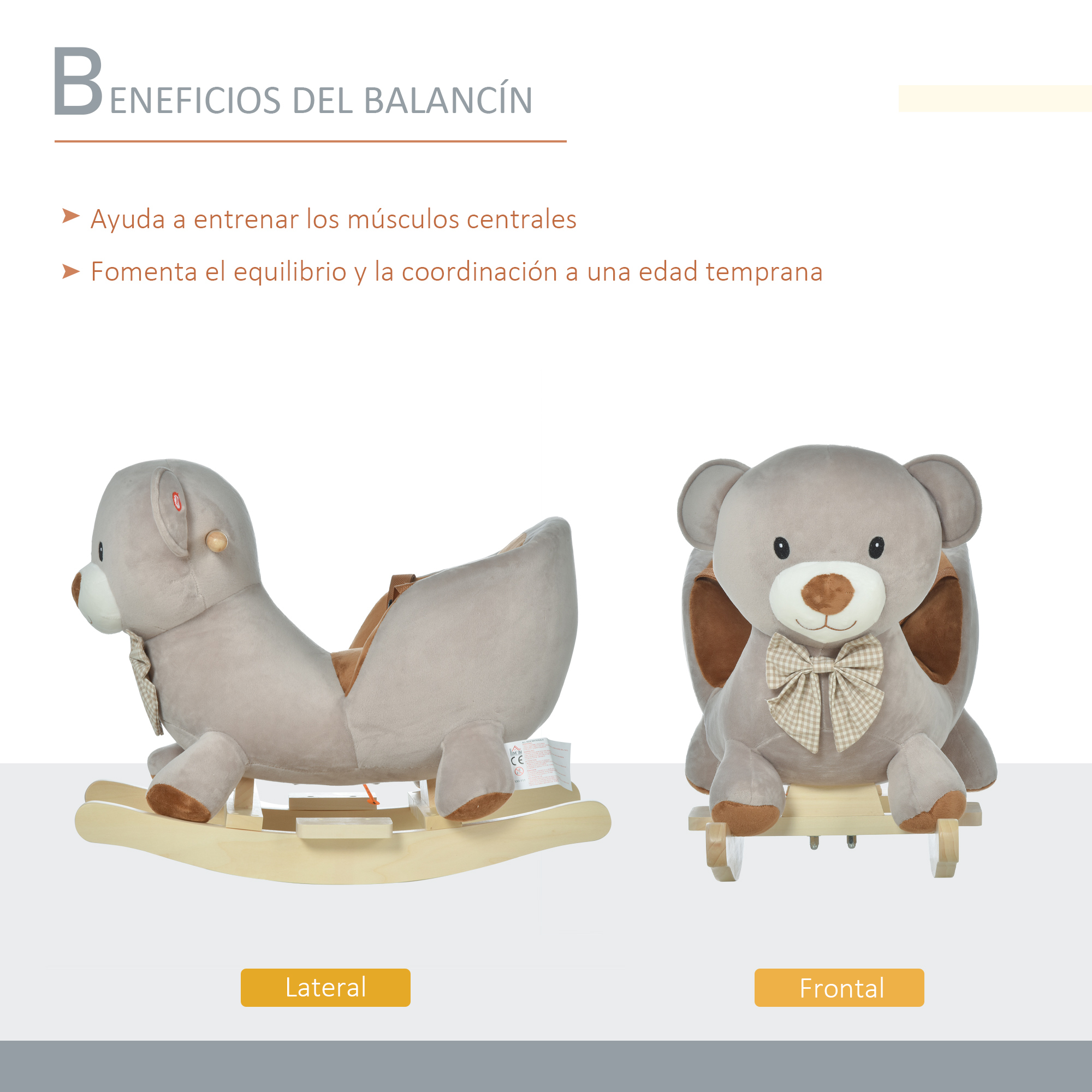 Dos vistas de un balancín de peluche gris, que destacan el entrenamiento de los músculos centrales y los beneficios del equilibrio.