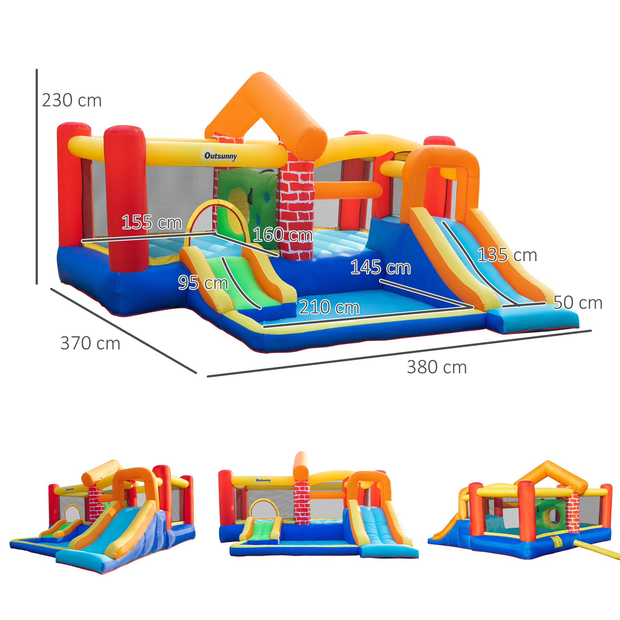 Un parque acuático inflable con dimensiones etiquetadas y tres vistas adicionales a continuación.