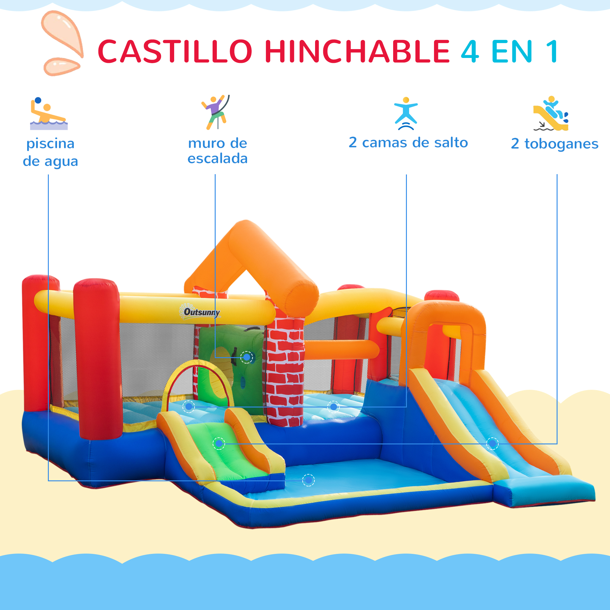 Un castillo hinchable colorido con toboganes, pared de escalada y piscina para juegos infantiles al aire libre.