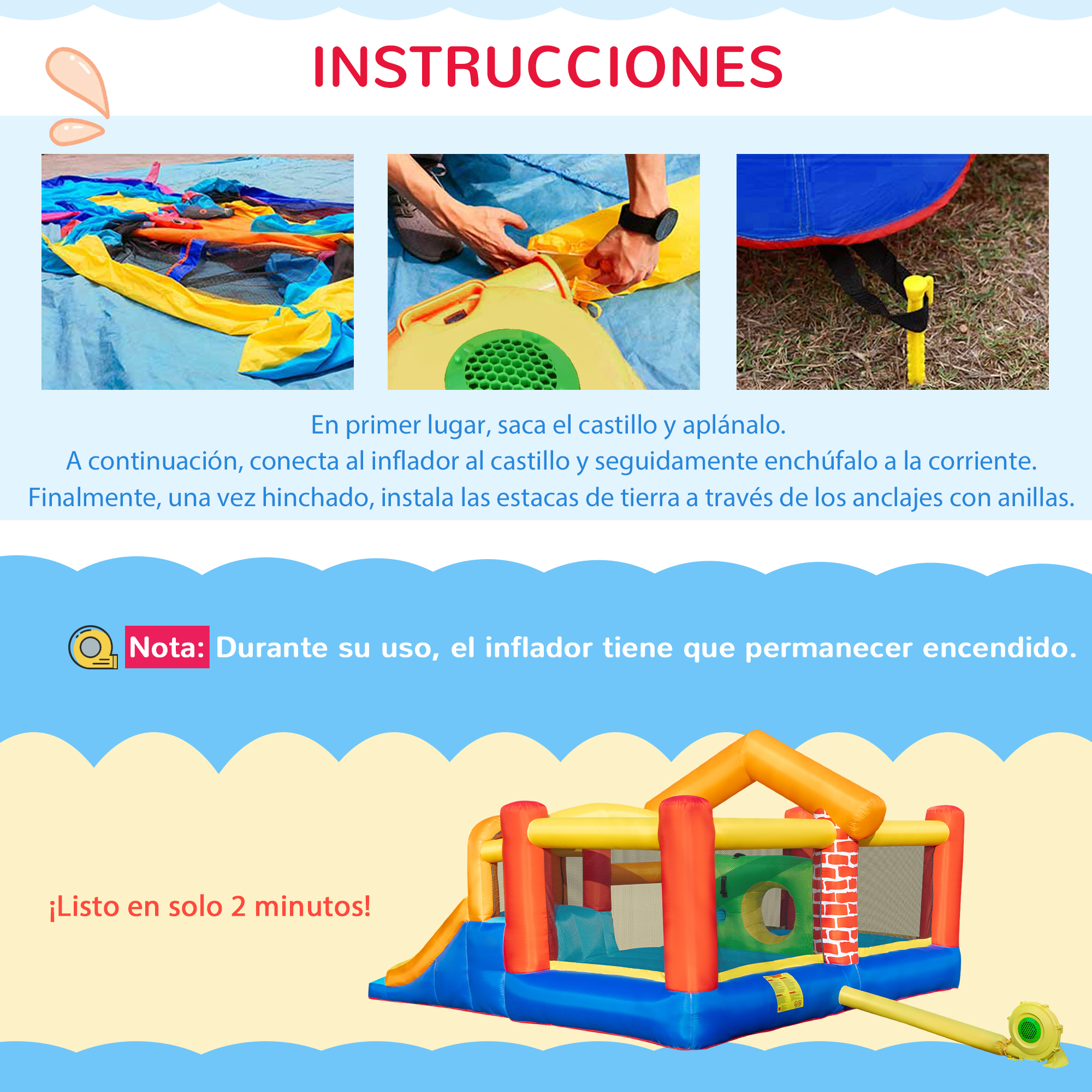 Las instrucciones muestran cómo montar un castillo hinchable: desenrollar, inflar, estacar. Abajo se muestra el castillo montado.
