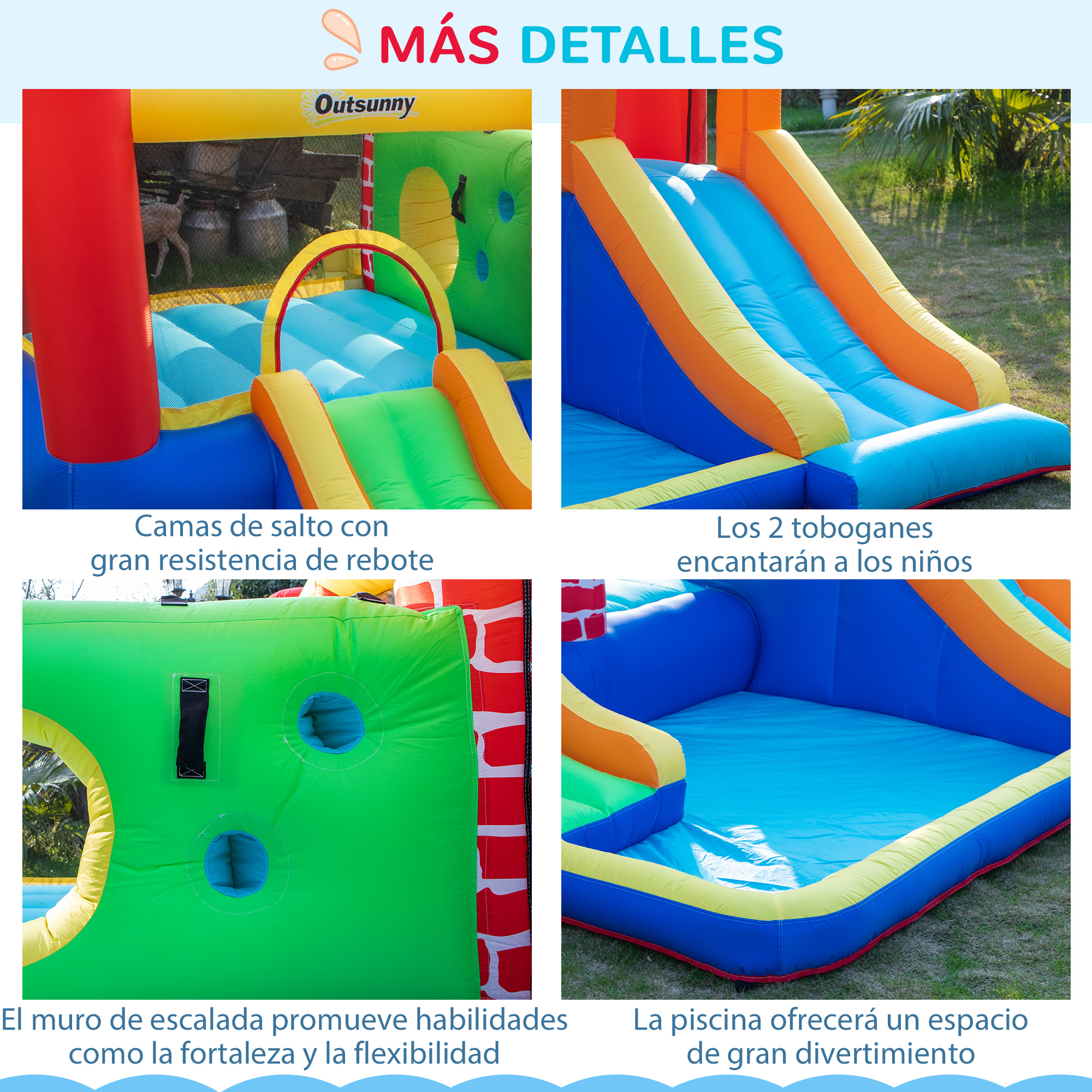 Primer plano de un parque infantil inflable que cuenta con una pared de escalada, toboganes y una zona de salto.