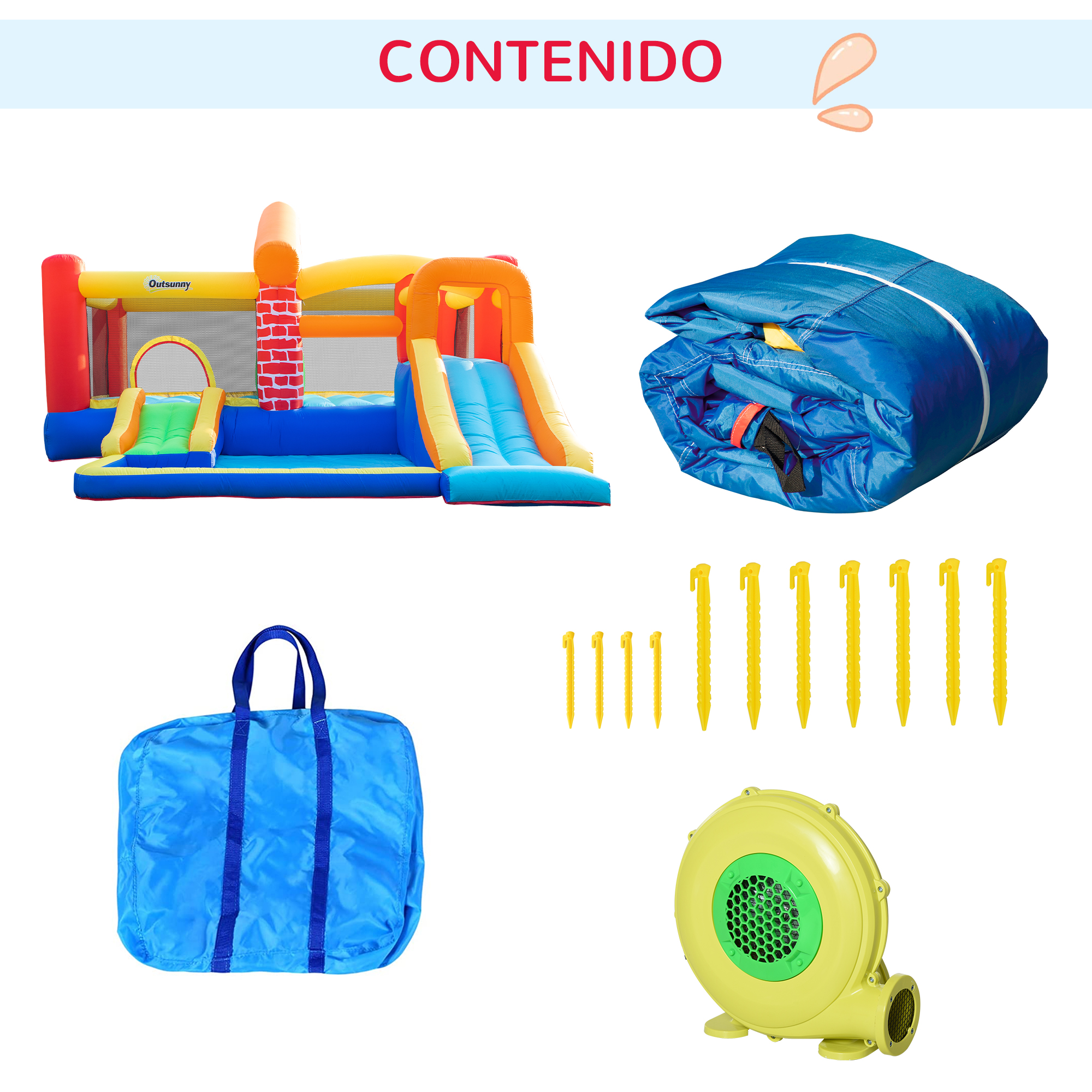 La imagen muestra el contenido de un castillo inflable: el castillo desinflado, estacas, una bolsa y una bomba de aire.