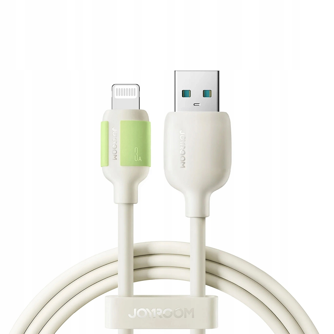 Ein weißes USB-Kabel mit einem Lightning-Anschluss auf einem weißen Hintergrund, das die Marke Joyroom zeigt.