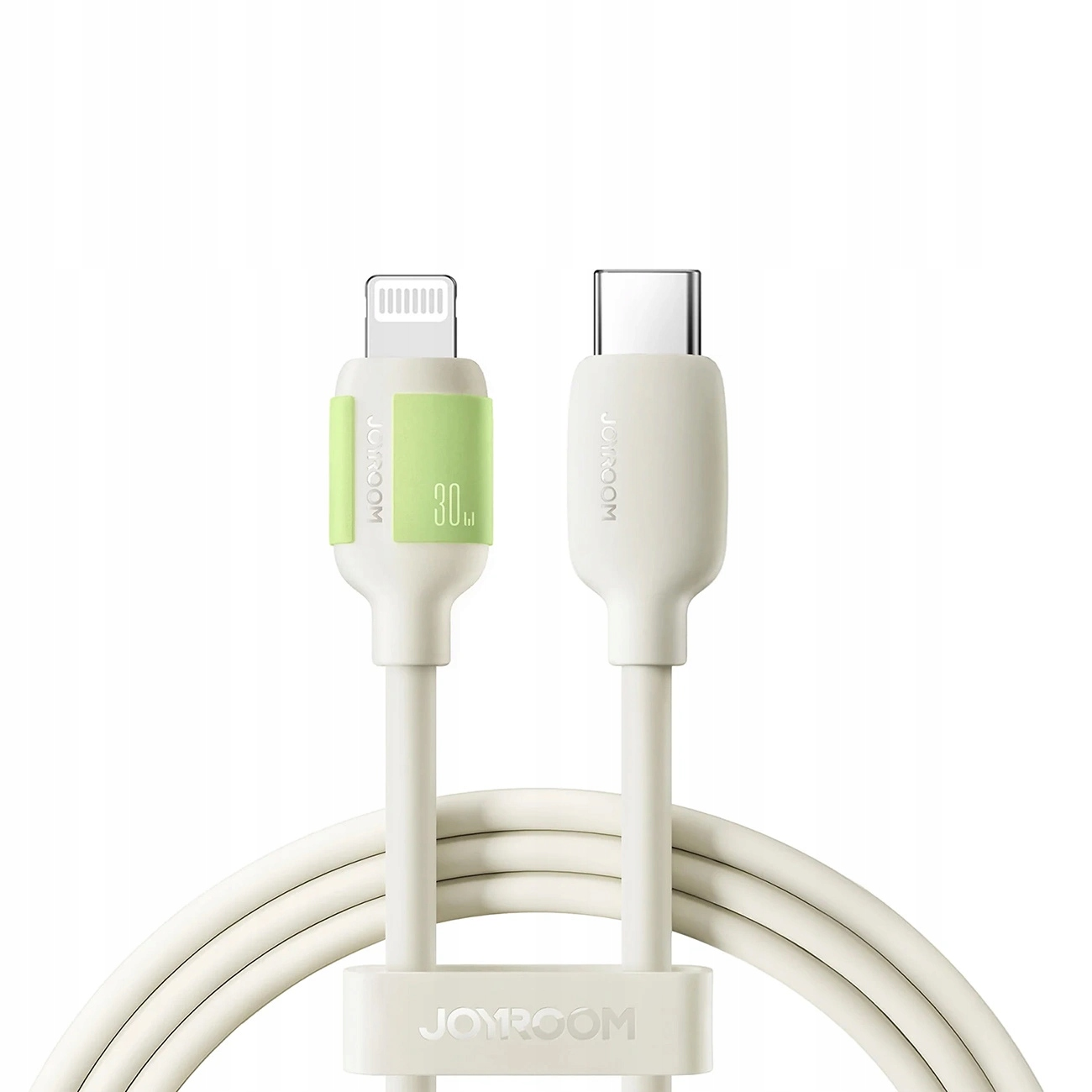 Ein weißes Ladekabel mit einem Typ-C-Anschluss und einem Lightning-Anschluss.