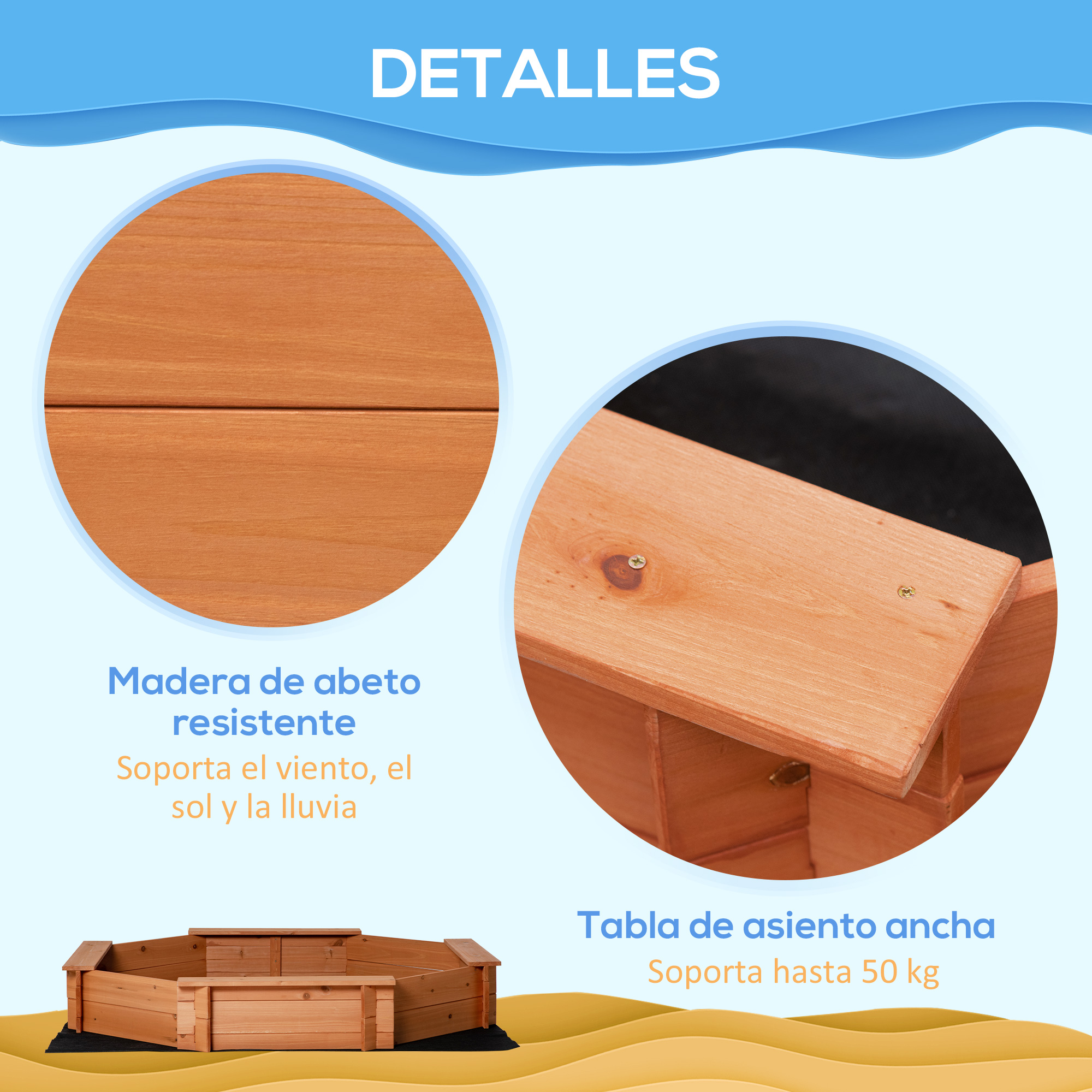Un gráfico destaca los detalles de un arenero de madera, enfatizando la madera de abeto duradera y una tabla de asiento ancha.