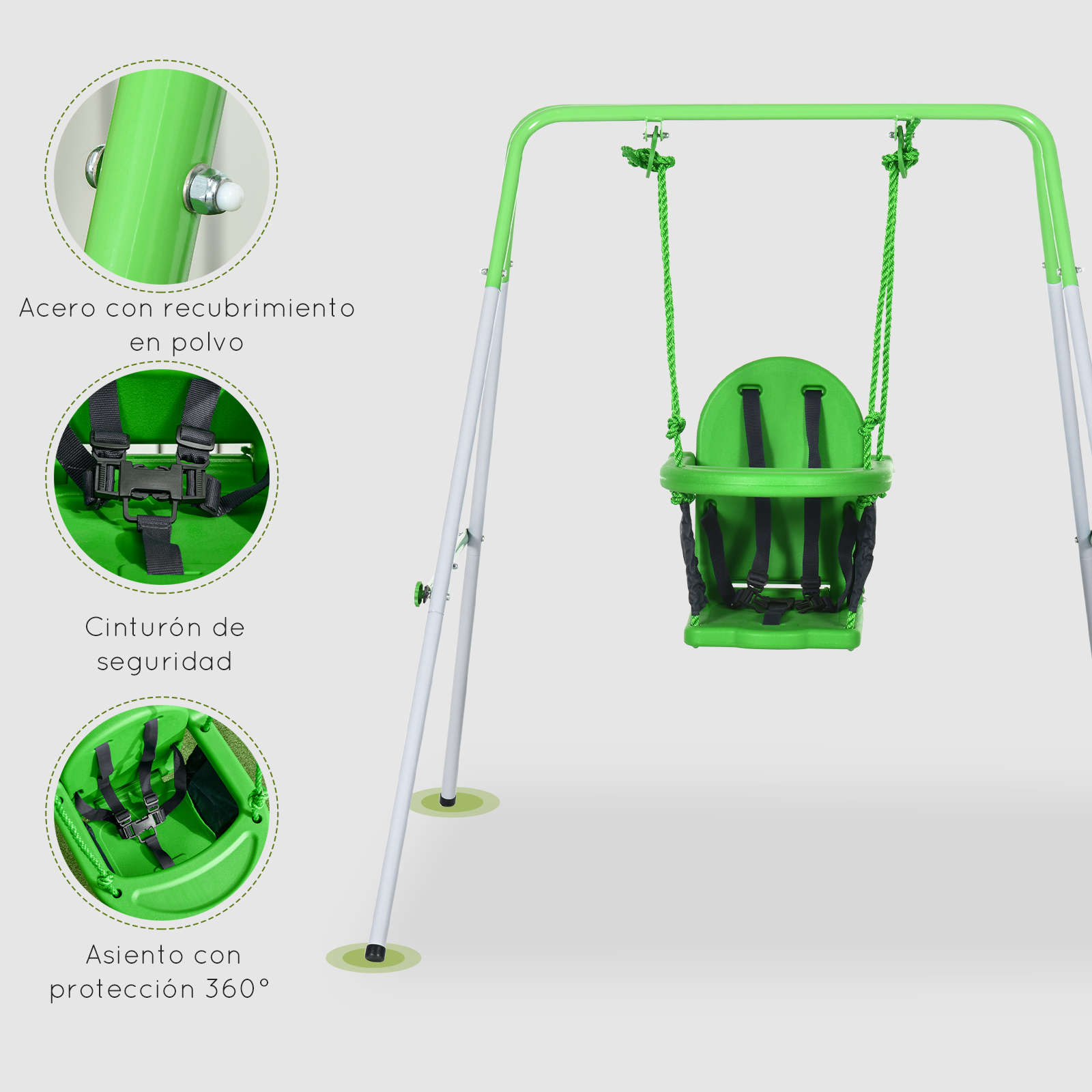 Columpio de bebé verde con características de seguridad que incluyen un arnés y un asiento con protección de 360°.