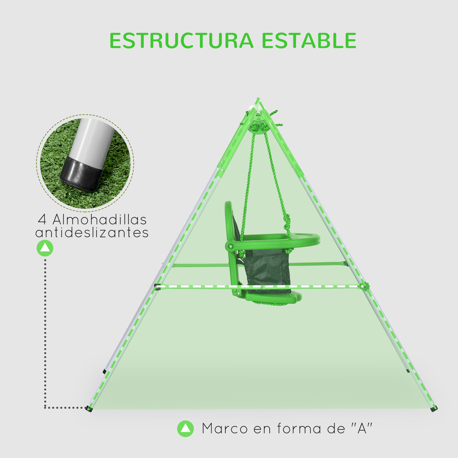 Columpio con estructura en A con asiento verde, cuerdas y almohadillas antideslizantes para mayor estabilidad.