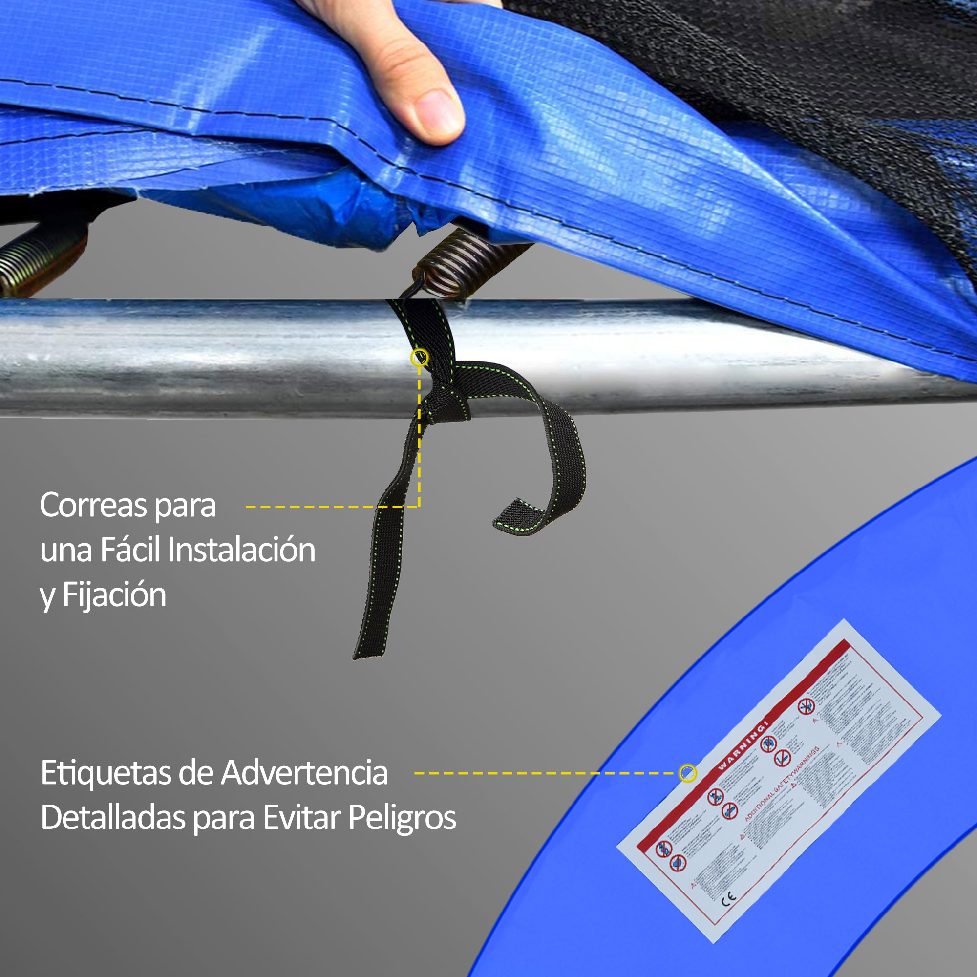 Primer plano que muestra el montaje del trampolín con correas negras, marco de metal plateado y acolchado azul, con etiquetas de advertencia visibles.