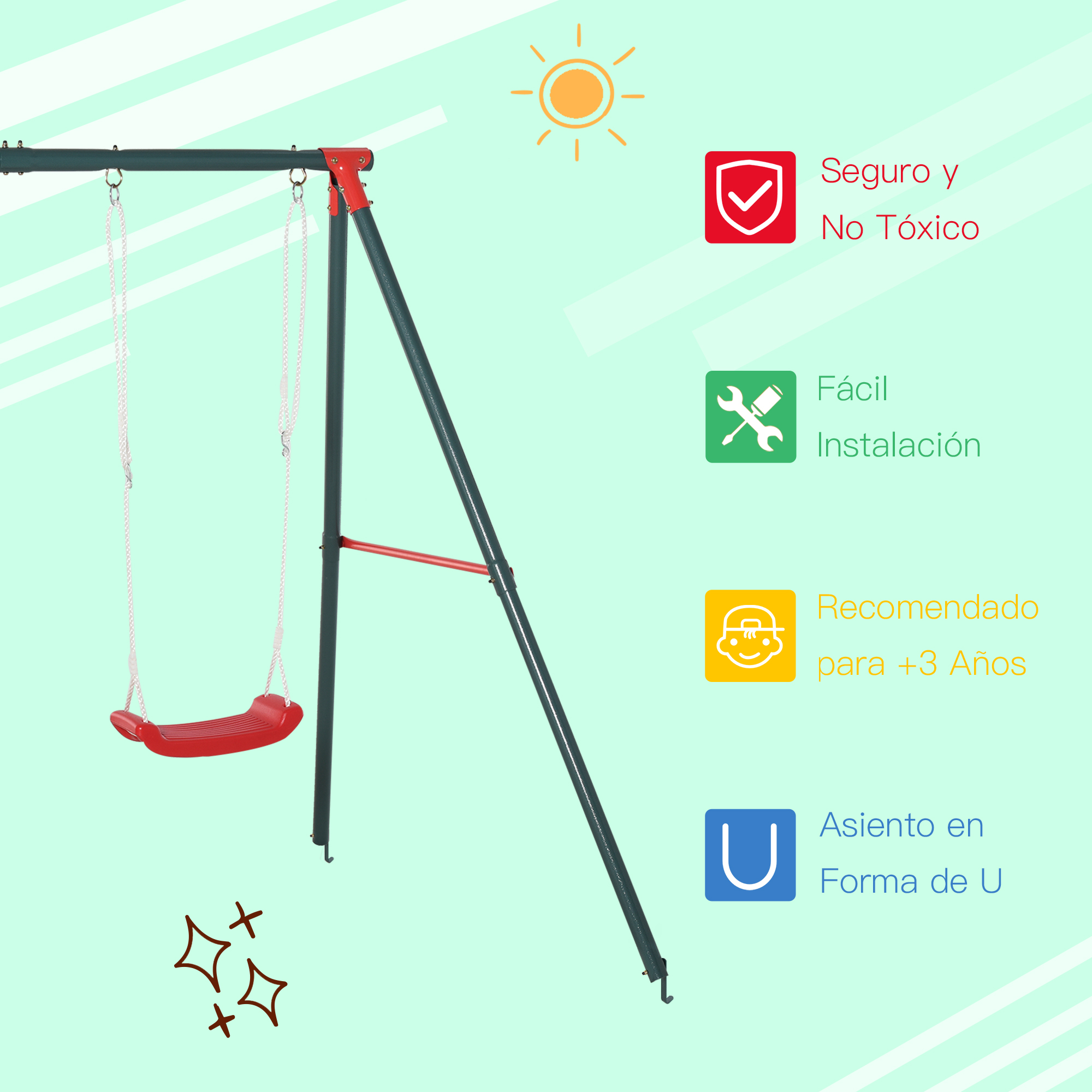 Un juego de columpios con un marco verde y un columpio rojo presenta etiquetas que indican seguridad, facilidad de instalación y recomendación de edad.