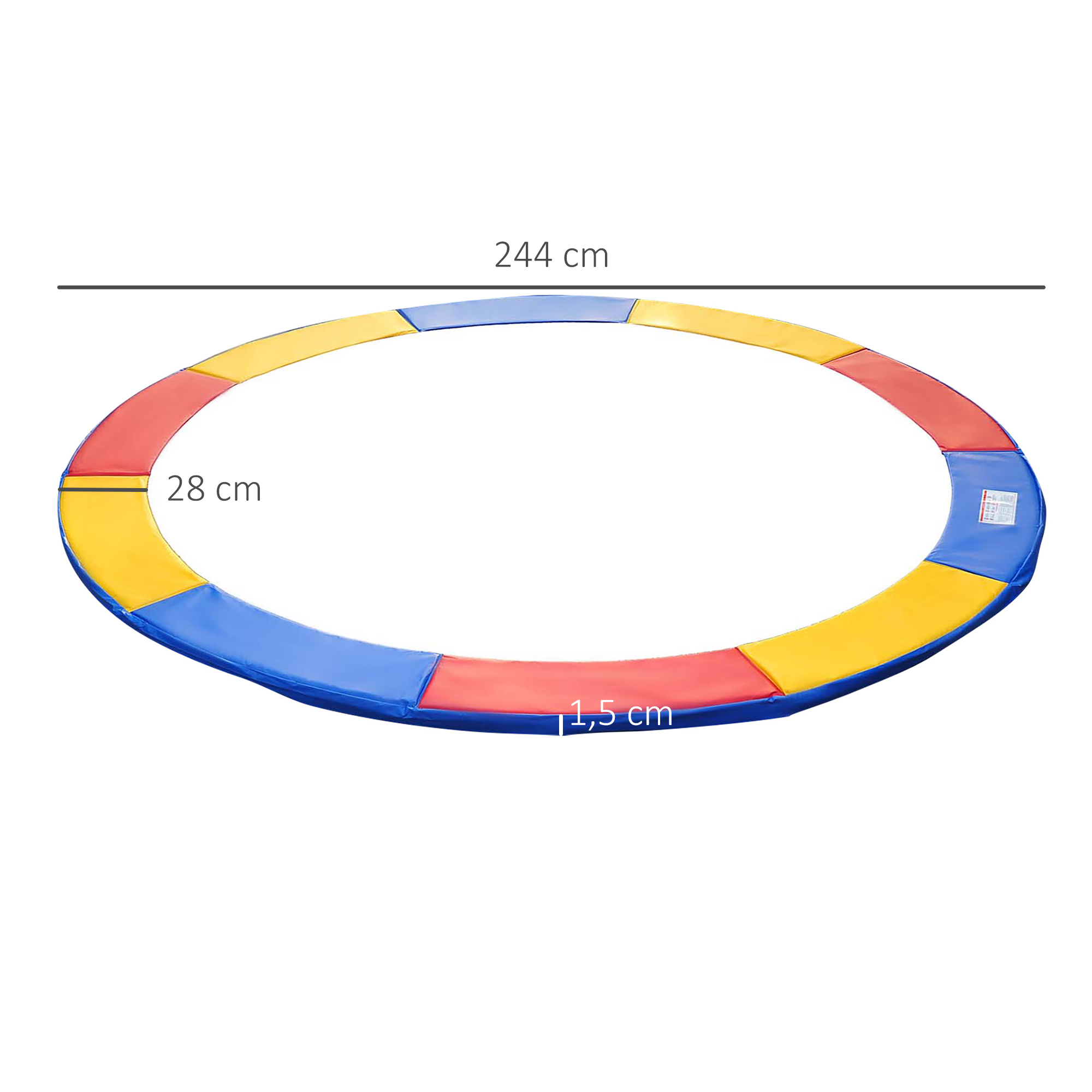 Almohadilla de seguridad para trampolín colorida con dimensiones marcadas, que muestra detalles del producto.