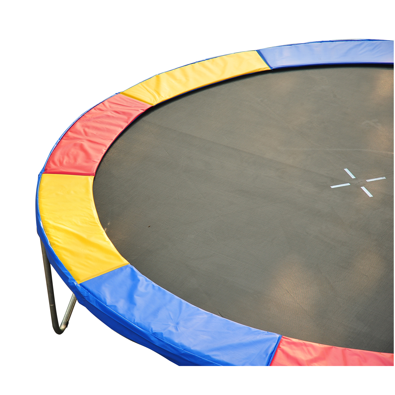 Un primer plano en ángulo de un trampolín muestra su superficie de salto negra y el colorido acolchado azul, amarillo y rojo alrededor del borde.