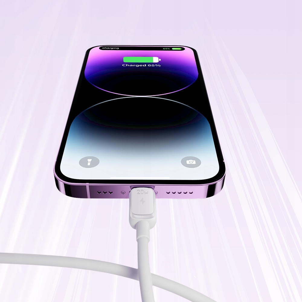 Bild eines lila Smartphones beim Aufladen, das ein weißes angeschlossenes Kabel zeigt und der Bildschirm eine 65%ige Ladung anzeigt.