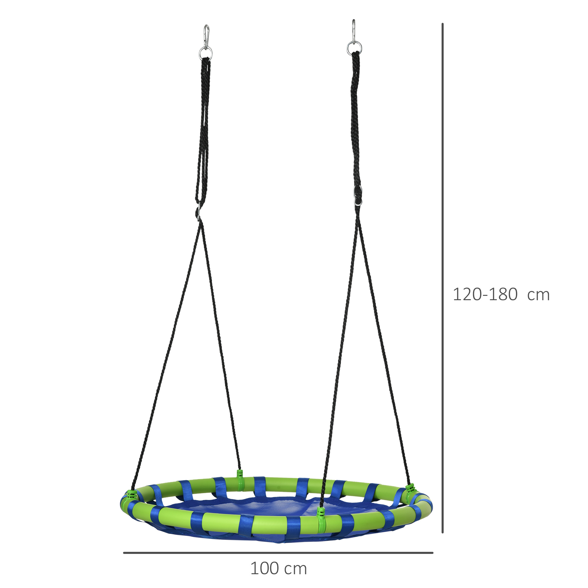 Un columpio con marco azul y verde colgando, mostrando dimensiones: 120-180 cm de altura, 100 cm de diámetro.