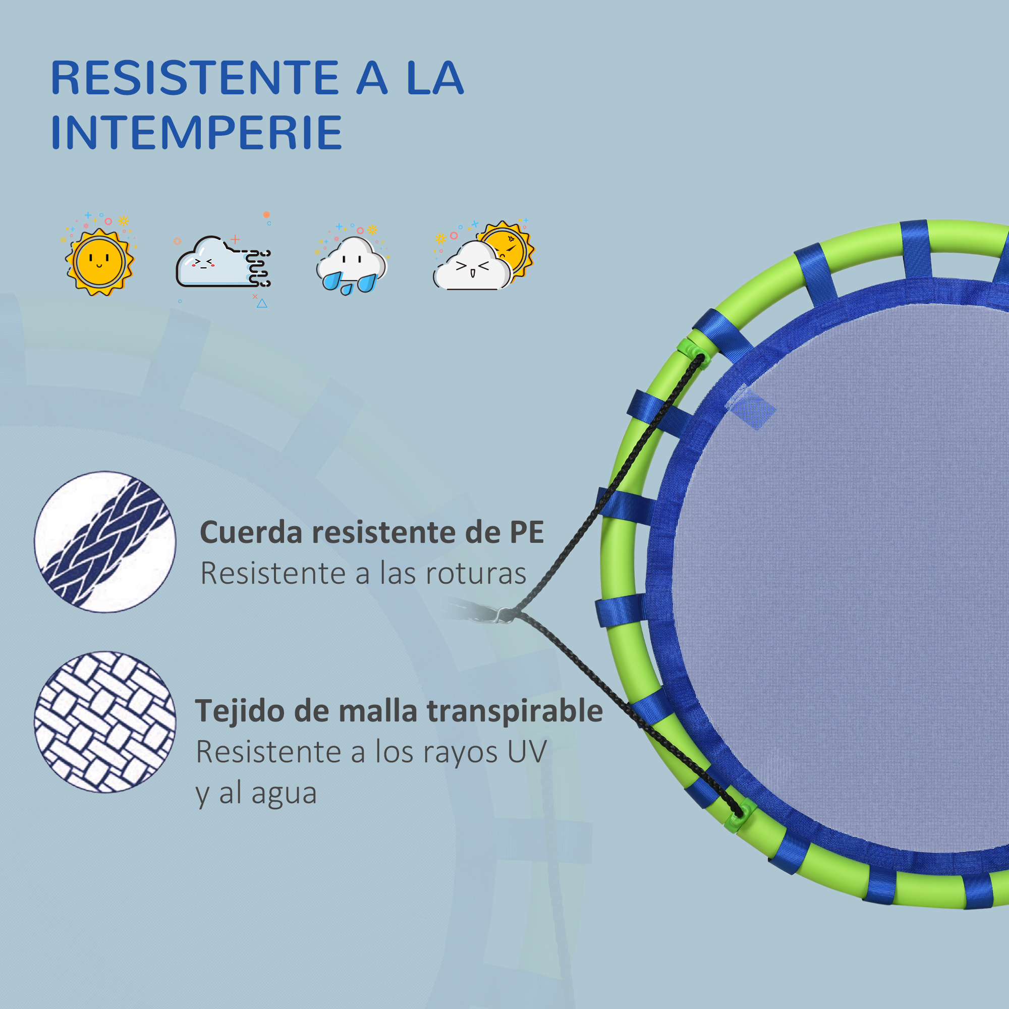 La imagen detalla las características resistentes a la intemperie de un columpio azul y verde con iconos de sol, nubes y lluvia.