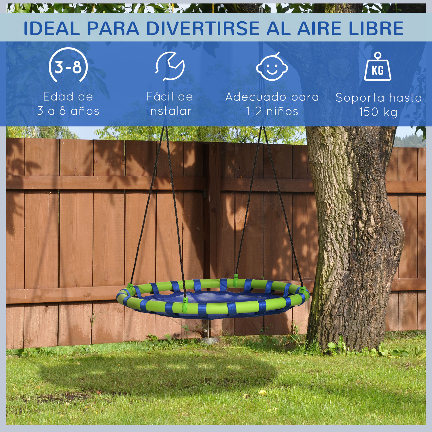 Un columpio colgando de un árbol, lo que demuestra que es adecuado para la diversión al aire libre para niños de 3 a 8 años, soportando hasta 150 kg.