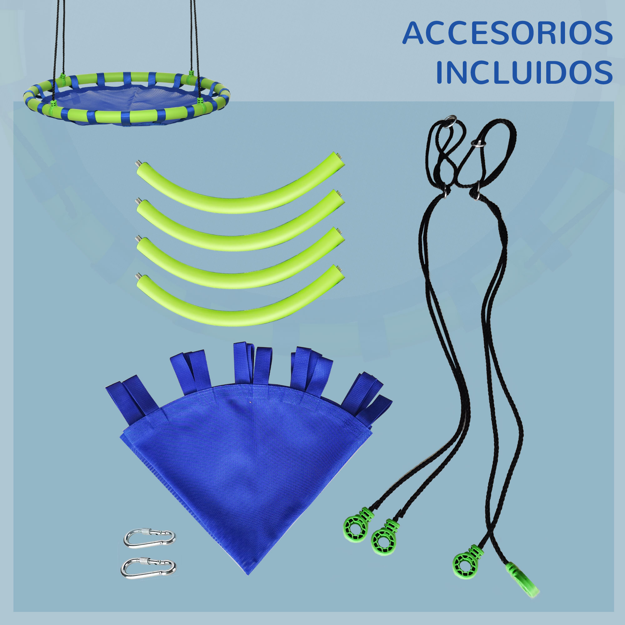 La imagen muestra los accesorios incluidos para un columpio, incluyendo cuerdas, piezas del marco y asiento de tela, todo en azul y verde.