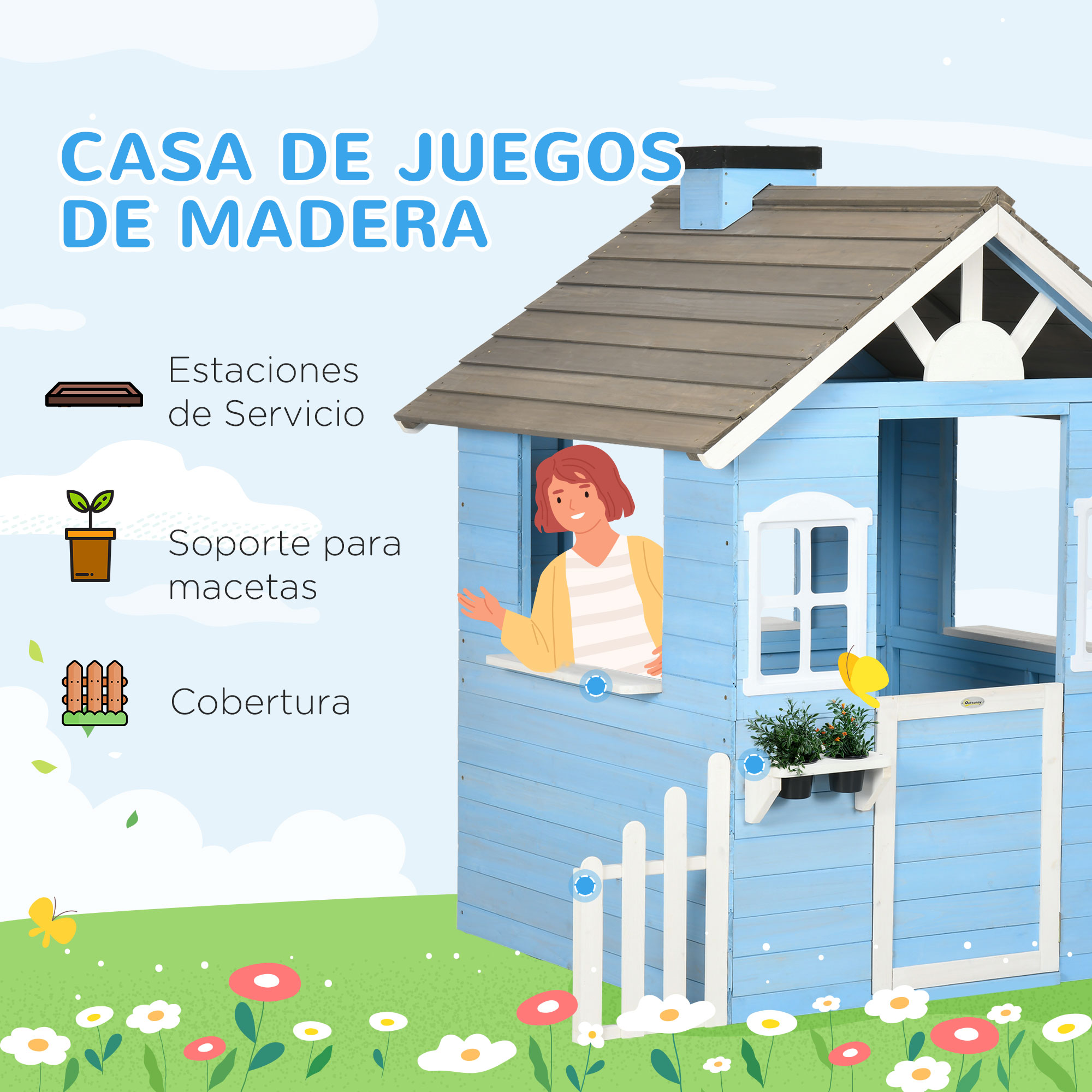 Una casita de juegos azul con techo gris y una niña saludando desde la ventana. Flores y hierba en primer plano.