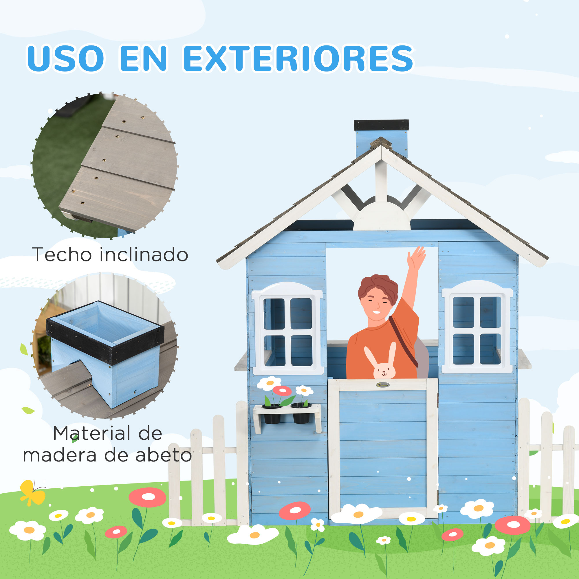 Una casita de juegos azul con techo gris y un niño saludando desde la ventana. Flores y hierba en primer plano.