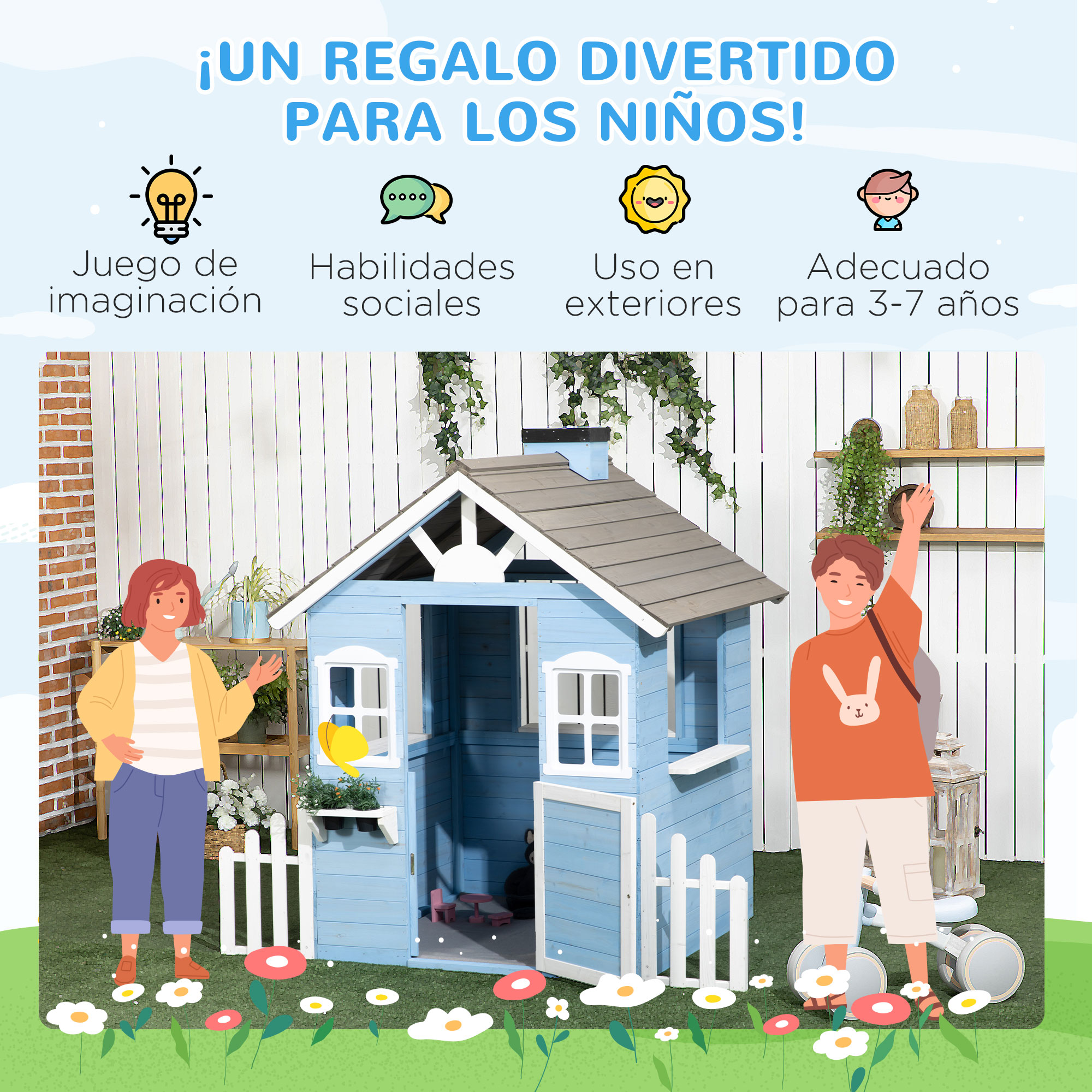Una casita de juegos azul con gente de pie alrededor. Flores y hierba están en primer plano, creando una escena lúdica.