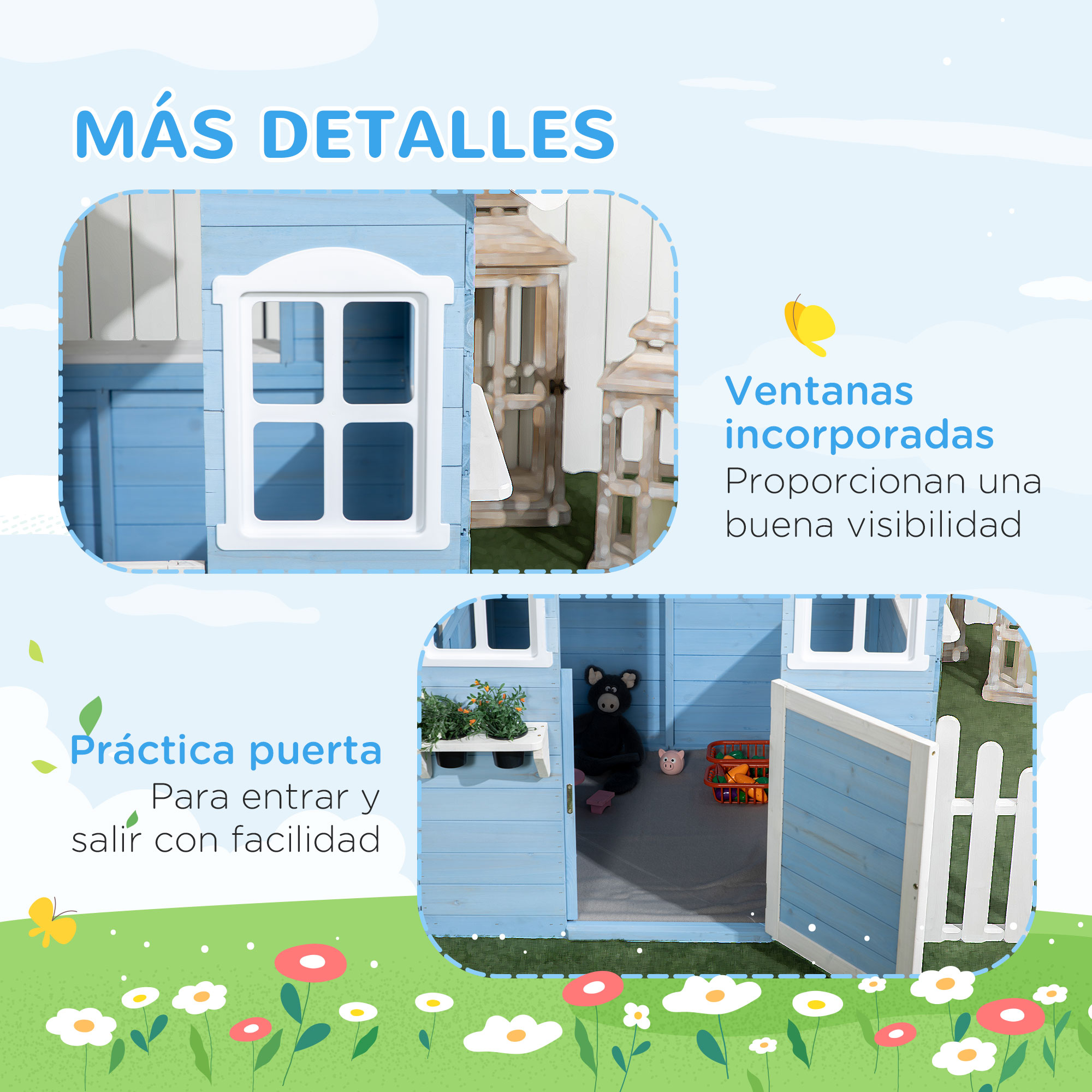 Una casita de juegos azul con una pequeña valla, con detalles de las ventanas y el interior, con flores en primer plano.