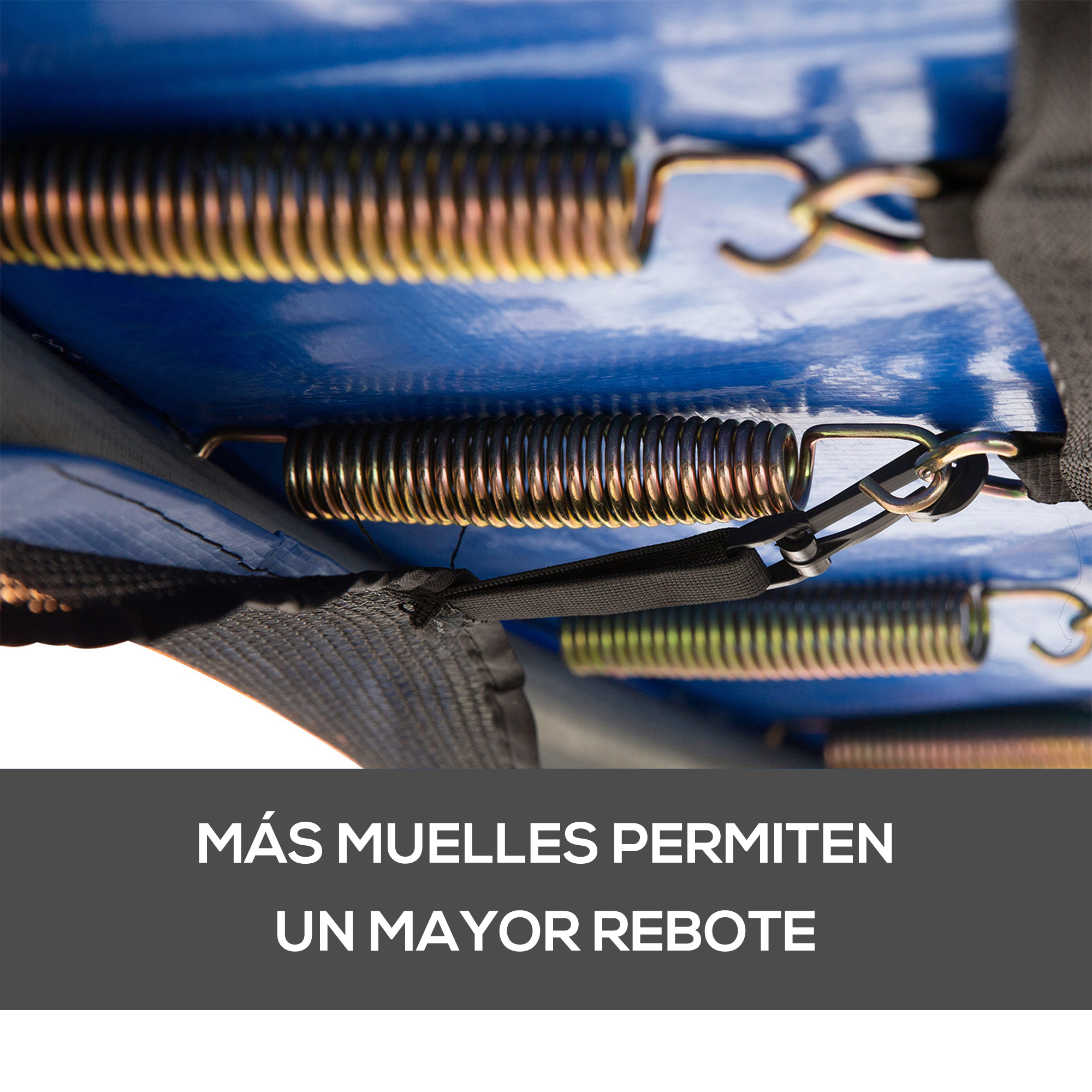 Un primer plano muestra resortes de trampolín sujetos a un marco azul, destacando el mecanismo de rebote.