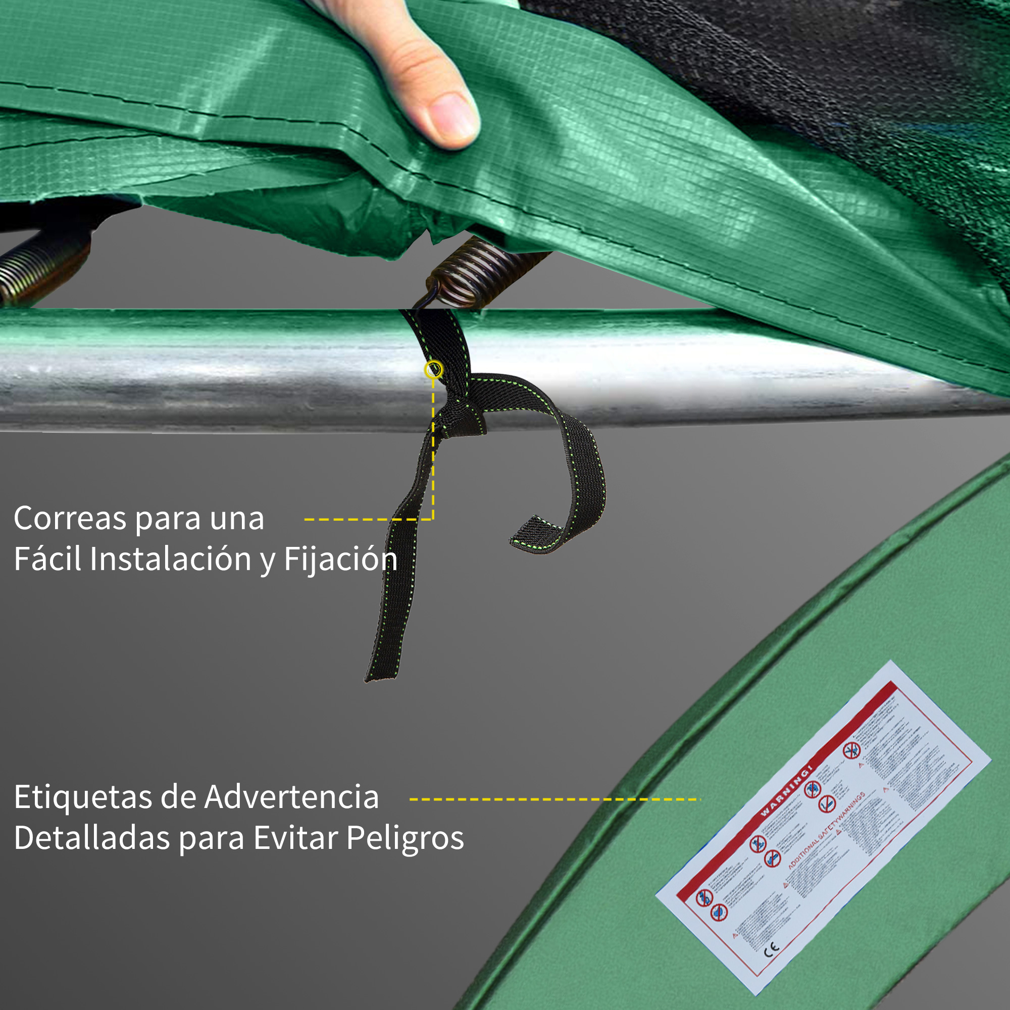 Un primer plano muestra los accesorios de los resortes del trampolín y las etiquetas de advertencia para una instalación y uso seguros.