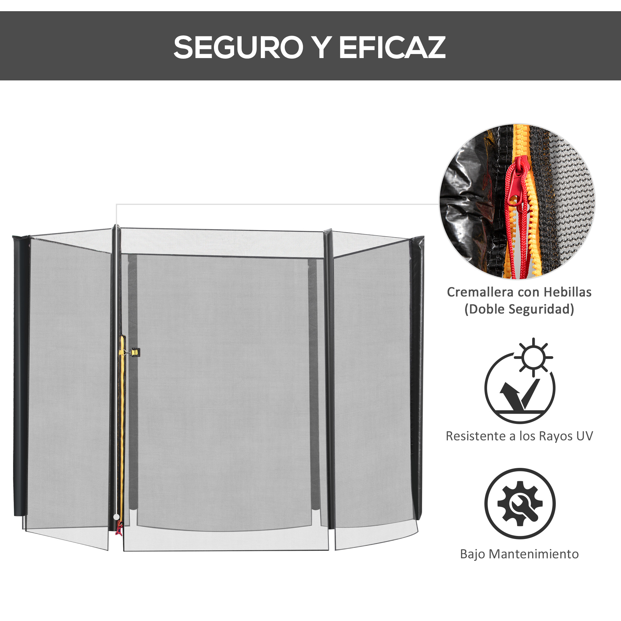 Un anuncio de red de seguridad para trampolín muestra hebillas de cremallera, resistencia a los rayos UV y características de bajo mantenimiento.