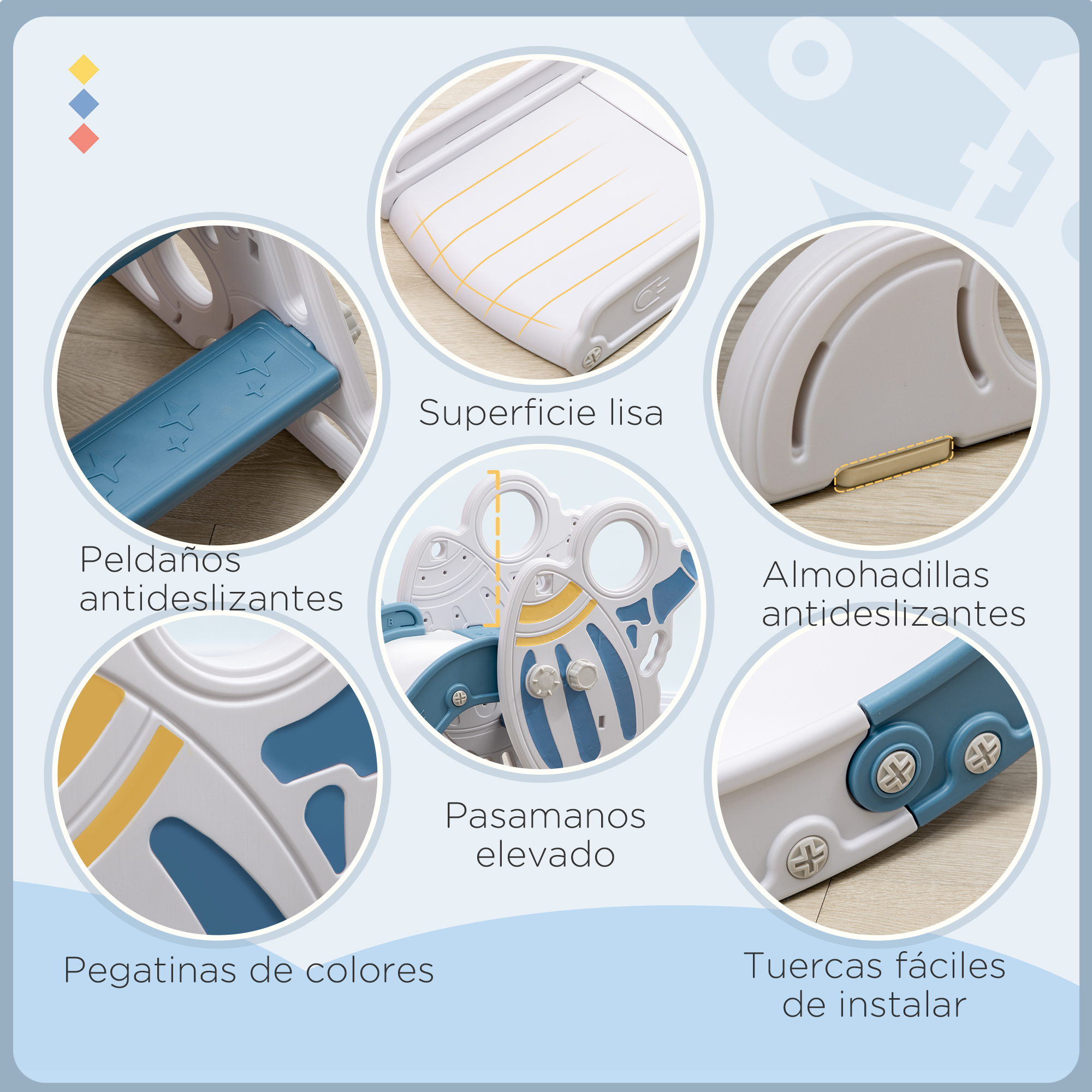 Un tobogán azul y blanco para niños, destacando características como peldaños antideslizantes y tuercas fáciles de instalar.