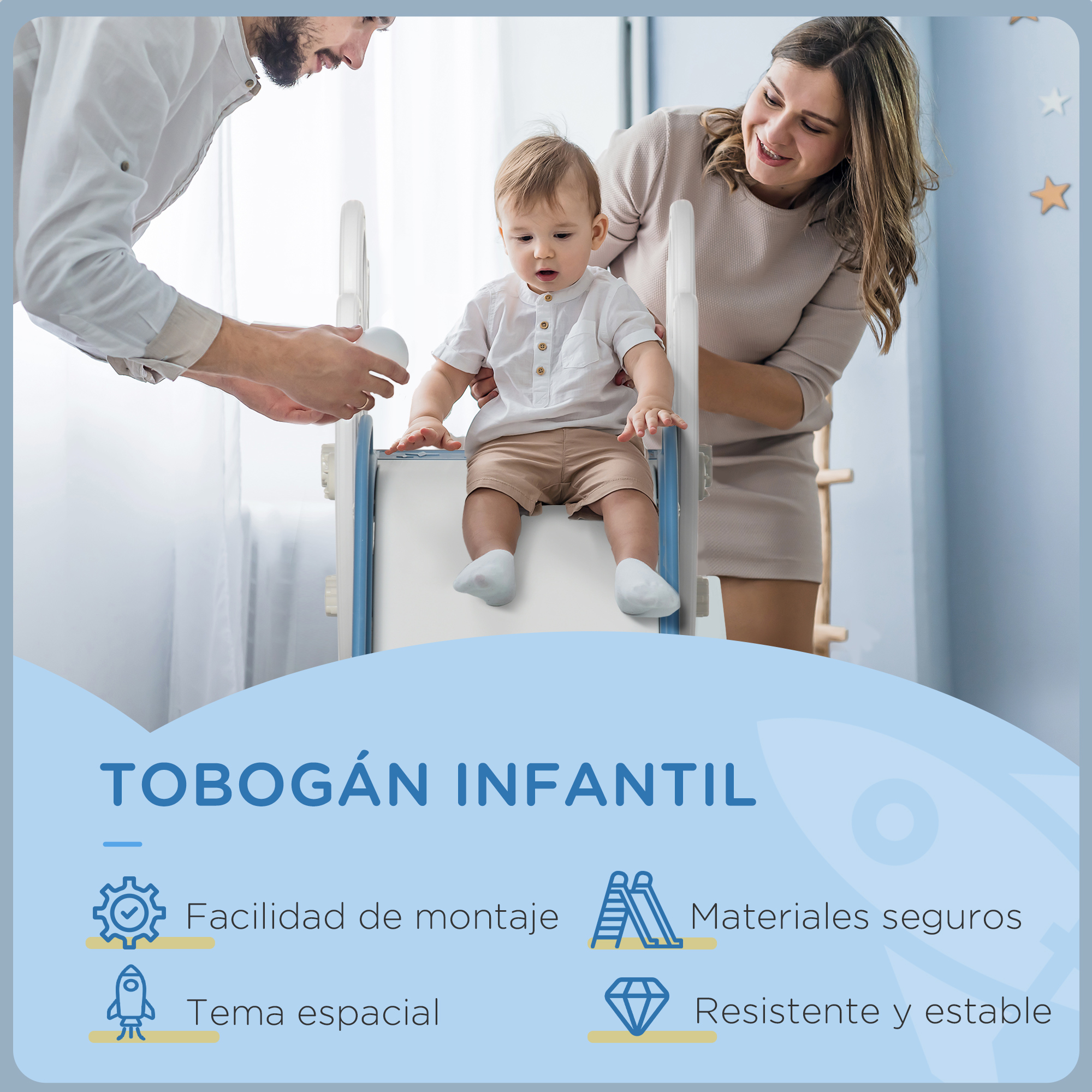 Un bebé en un tobogán azul y blanco, con los padres cerca en una habitación con decoraciones de estrellas.