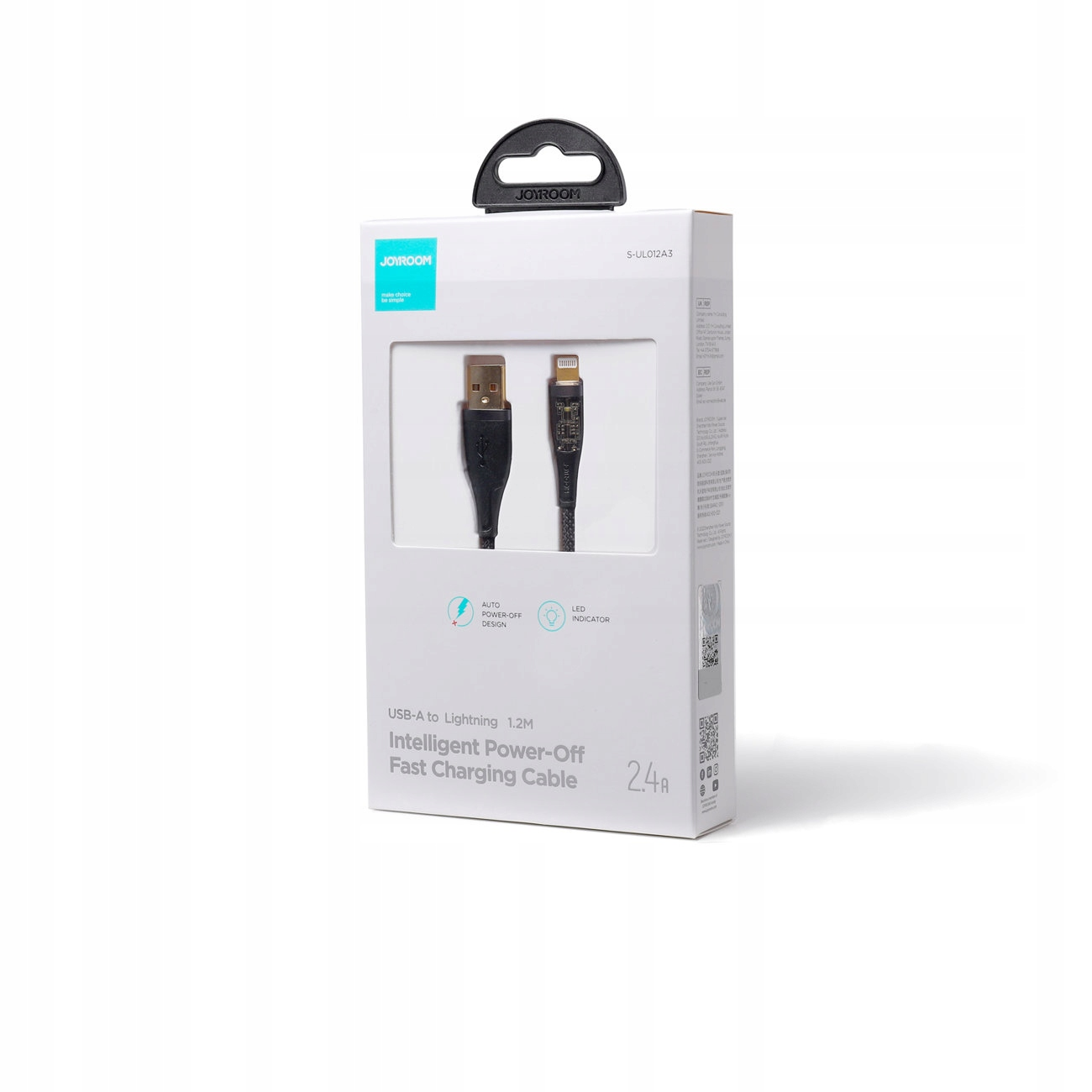 Zapakowany kabel Joyroom USB do Lightning, 1,2 m, inteligentne wyłączanie, szybkie ładowanie, z automatycznym wyłączaniem i wskaźnikiem LED.