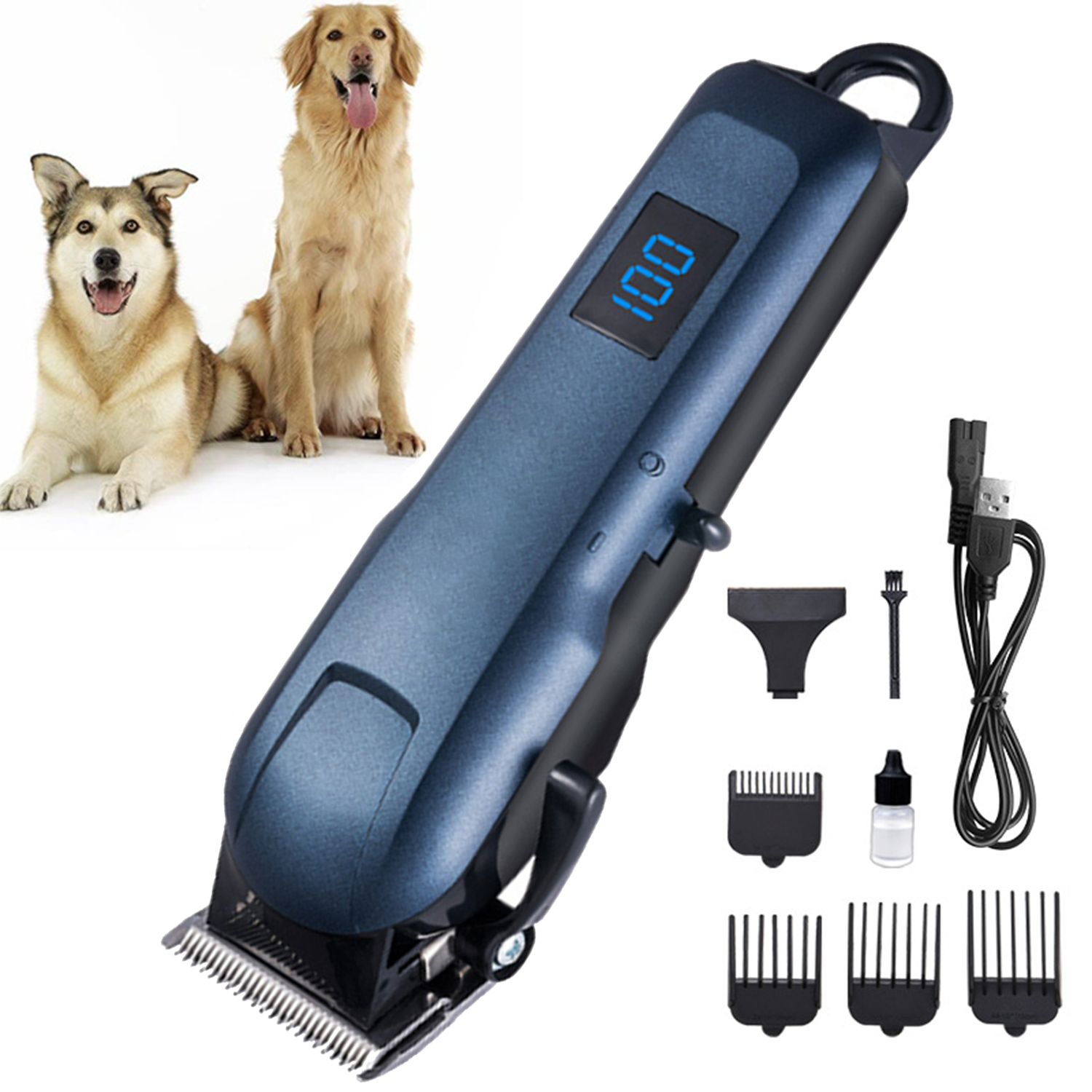 Niebieska maszynka do strzyżenia zwierząt, akcesoria i dwa psy, Golden Retriever i Husky.