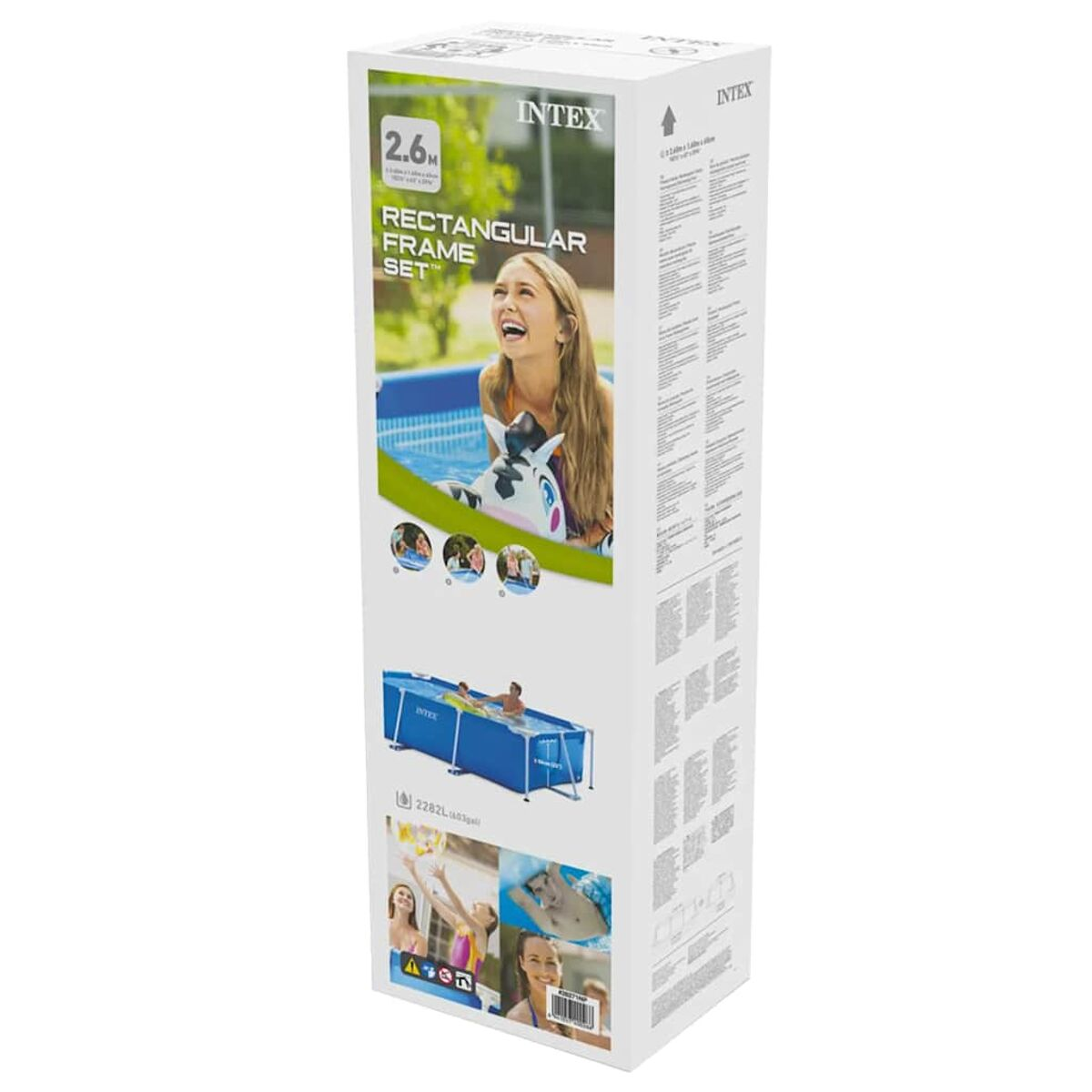 Una caja alta muestra un juego de piscina con marco rectangular Intex, mostrando imágenes de familias disfrutando de la piscina.