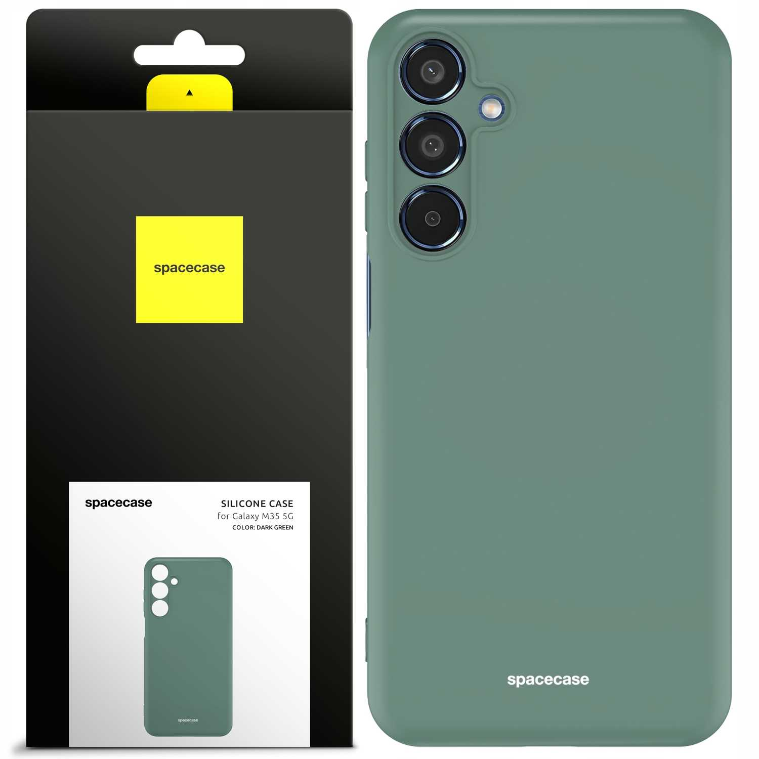 Ciemnozielone silikonowe etui na telefon jest wyświetlane obok opakowania.