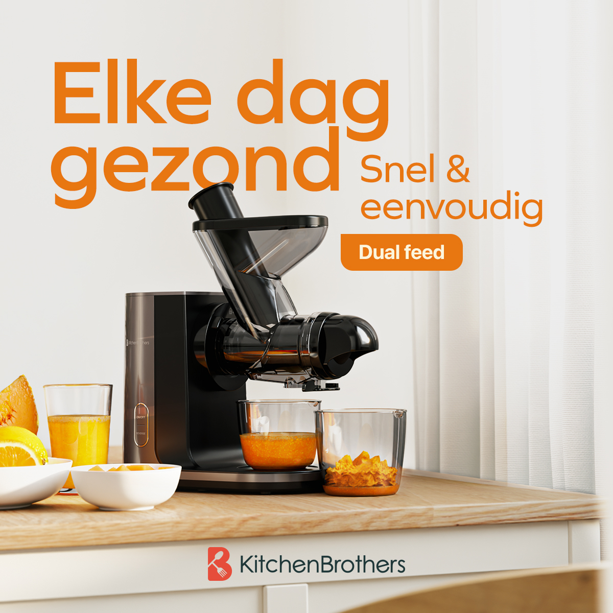 The image features a KitchenBrothers juicer, glasses of juice, and fruit on a wooden table in a bright setting.