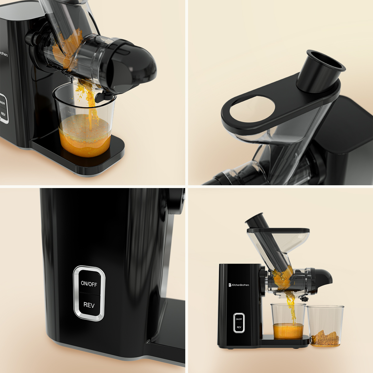 Collage of a KitchenBrothers juicer, black, with orange juice flowing into a glass.