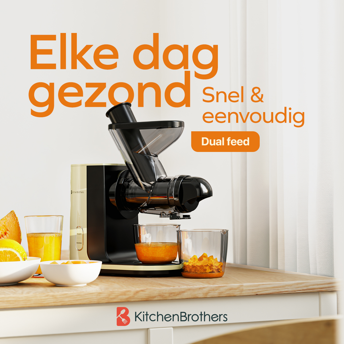 The image features a KitchenBrothers juicer, glasses of juice, and fruit on a wooden table in a bright setting.