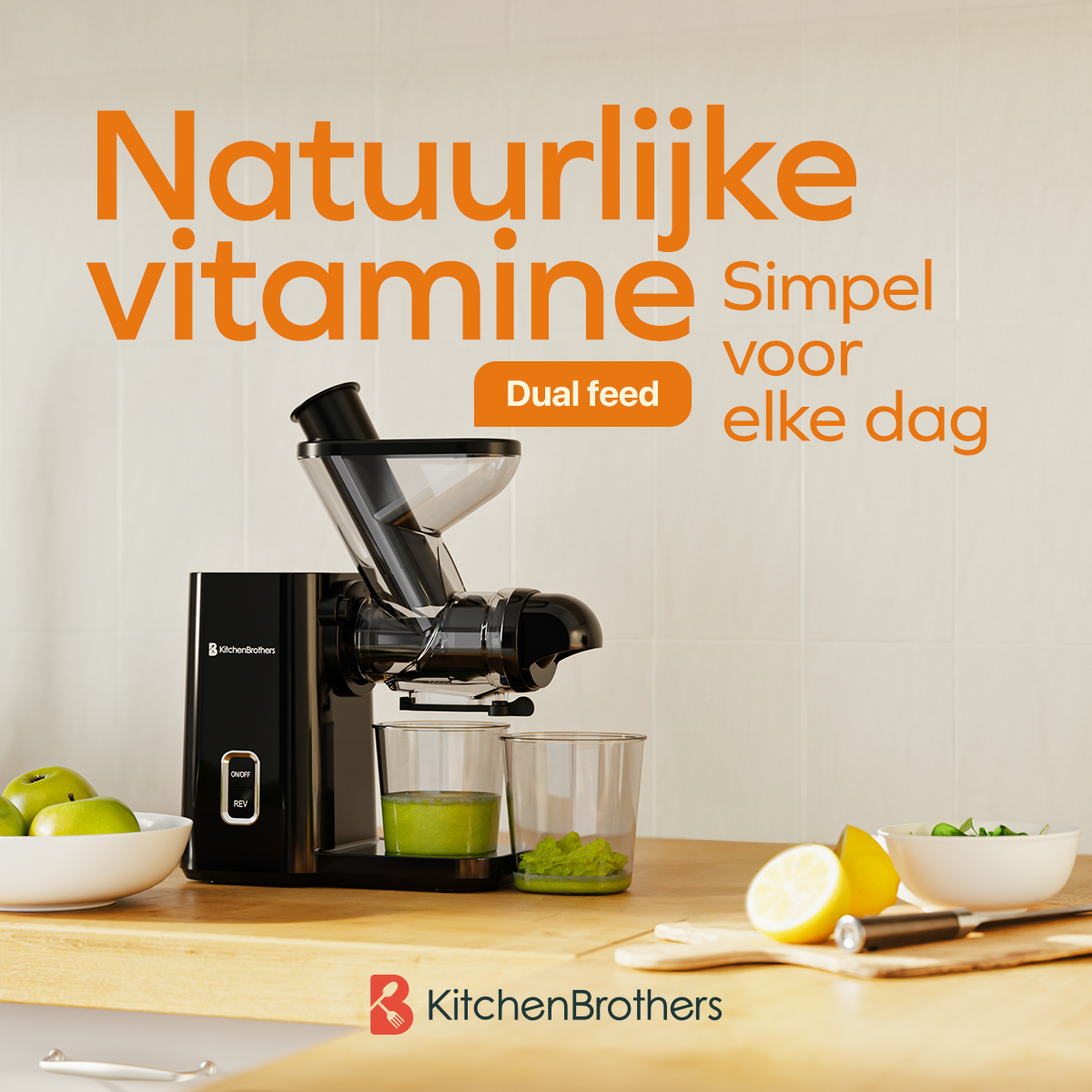 A black KitchenBrothers juicer with text overlay, fruits and vegetables around.