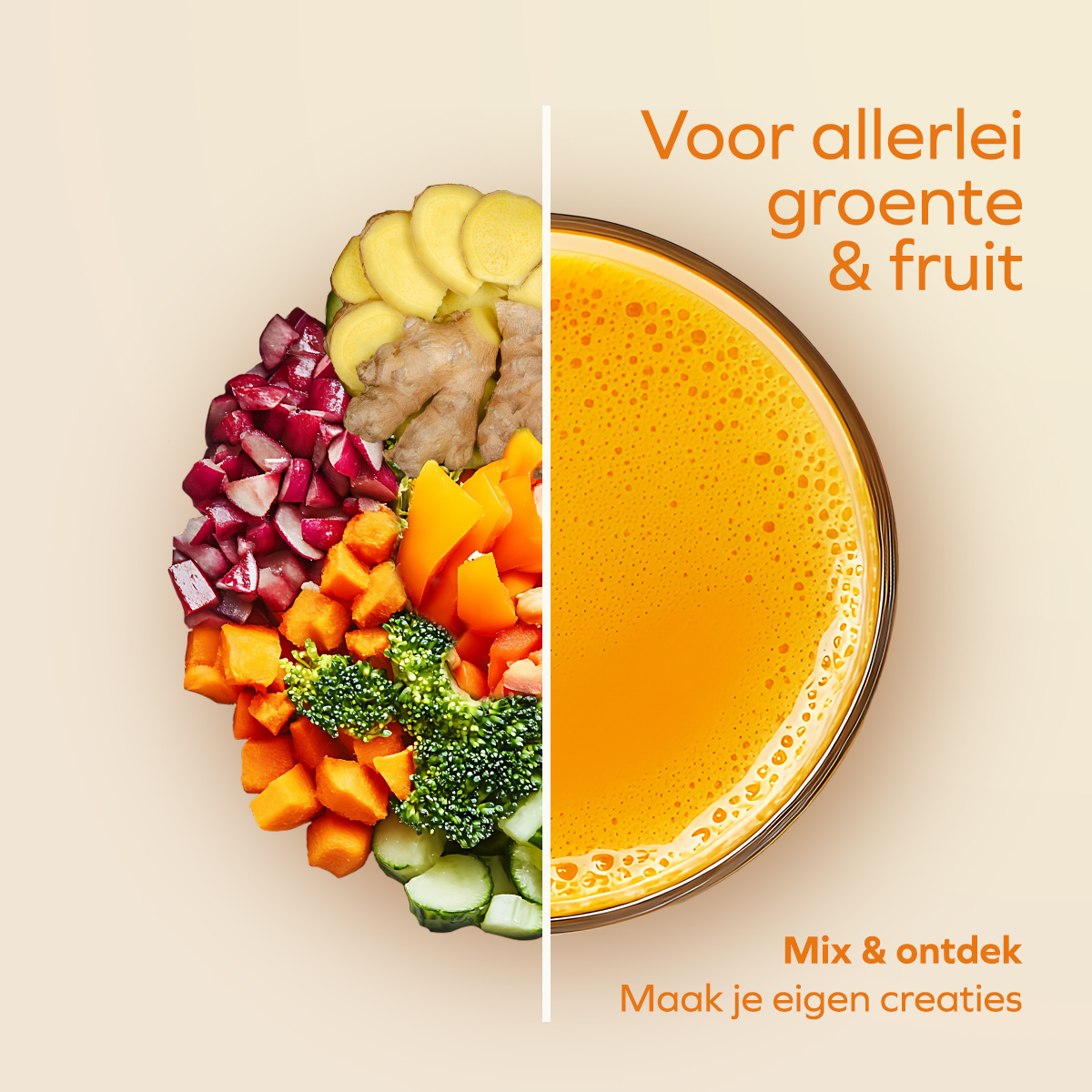 A bowl of mixed vegetables and ginger next to a glass of vibrant orange juice.